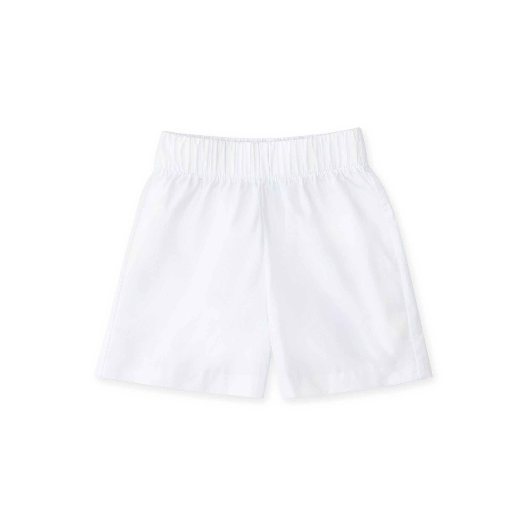 Henry Duvall girls smocked shorts set in Classic White, a classic two-piece outfit with flutter sleeves and blue embroidered smocking.