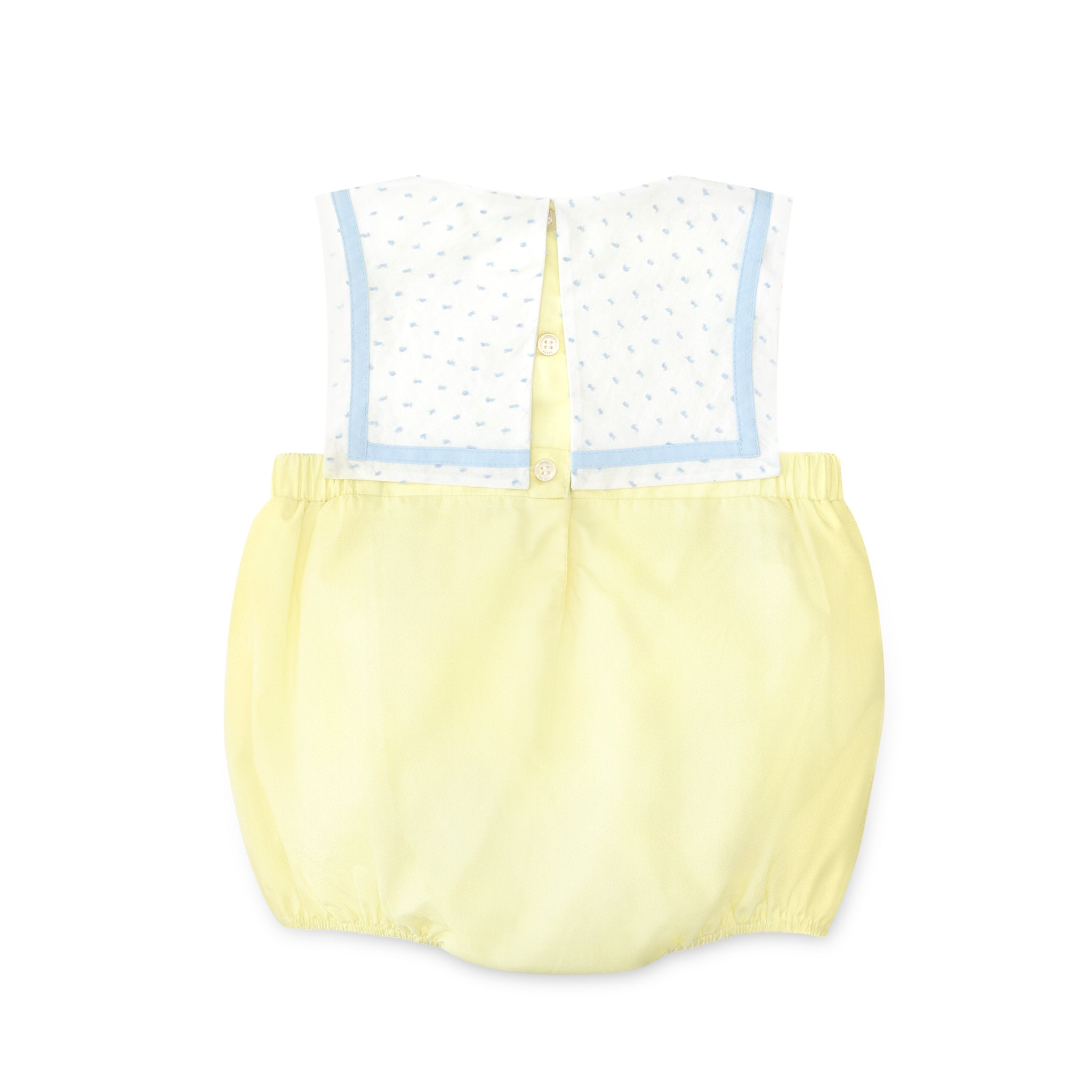 Henry Duvall Saylor Bubble in soft yellow fabric with blue Swiss dot sailor collar and trim, classic heirloom baby boy summer bubble outfit