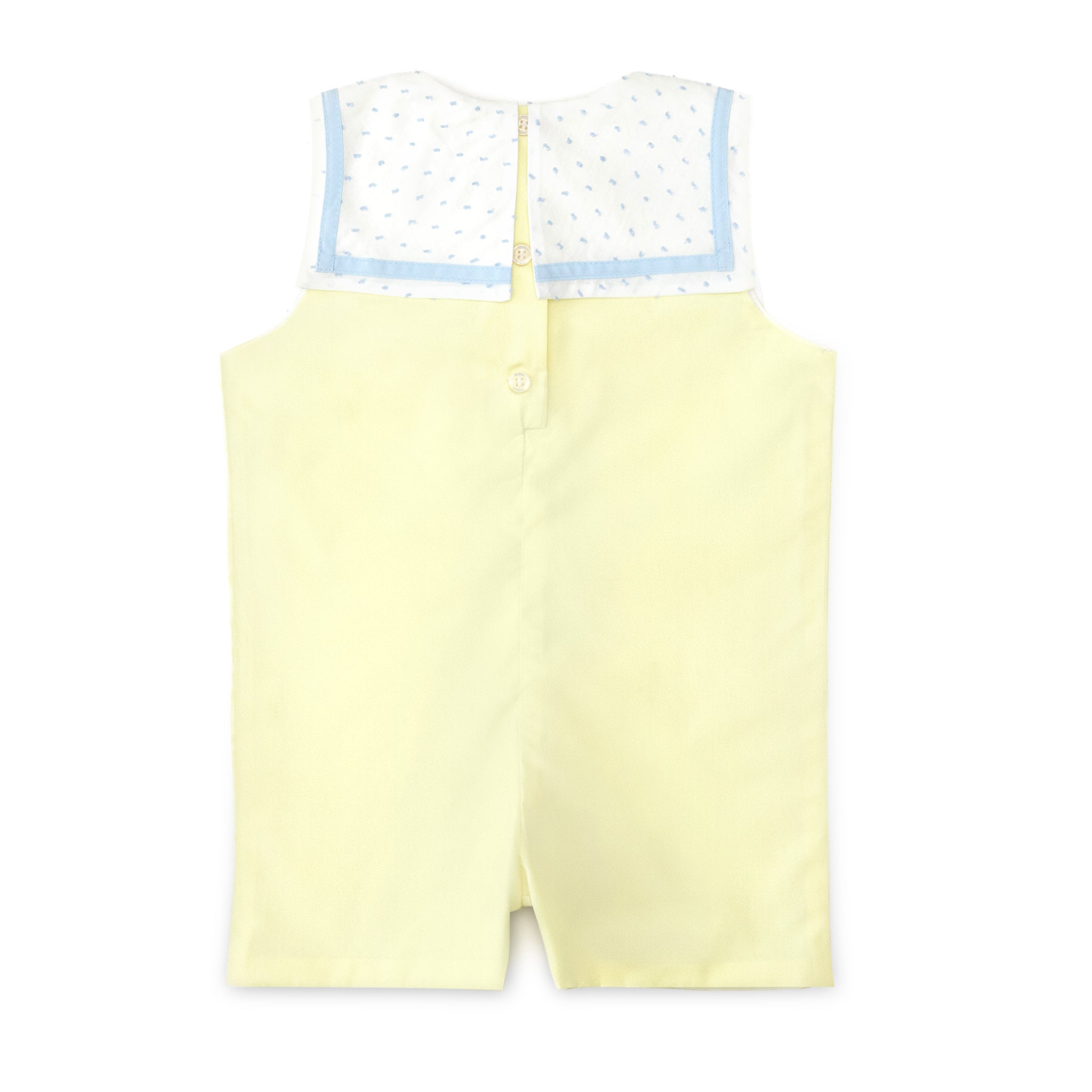 Henry Duvall Saylor Jon Jon in soft yellow fabric with blue Swiss dot sailor collar and trim, classic heirloom baby boy summer outfit
