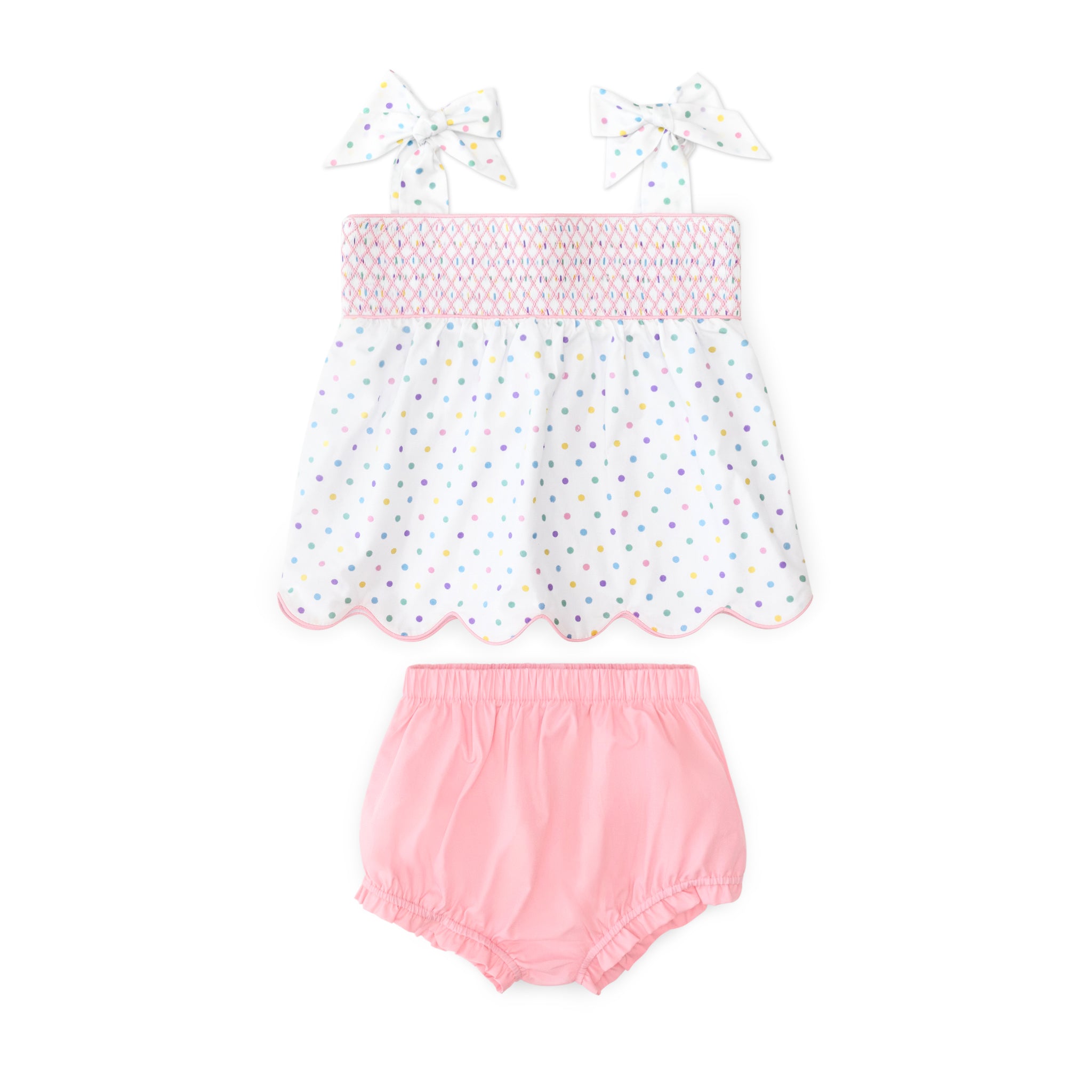 Henry Duvall Betsy Bloomer Set with hand-smocked top in Dumnore Dot print and matching pink bloomers, classic heirloom baby girl summer outfit with shoulder ties