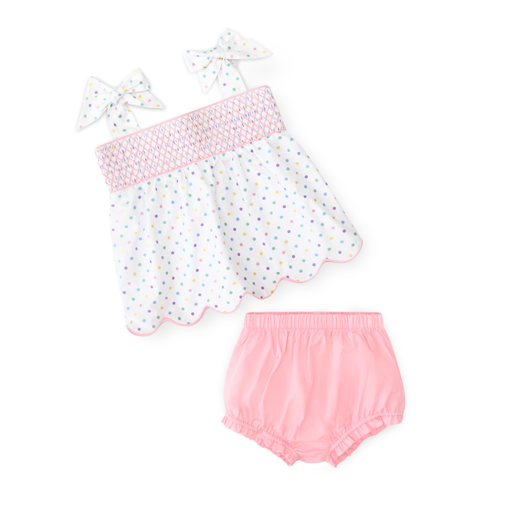 Henry Duvall Betsy Bloomer Set with hand-smocked top in Dumnore Dot print and matching pink bloomers, classic heirloom baby girl summer outfit with shoulder ties