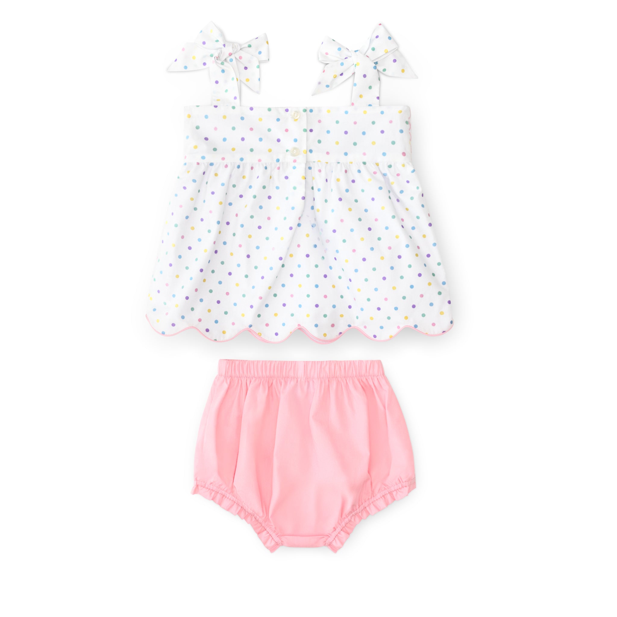 Henry Duvall Betsy Bloomer Set with hand-smocked top in Dumnore Dot print and matching pink bloomers, classic heirloom baby girl summer outfit with shoulder ties