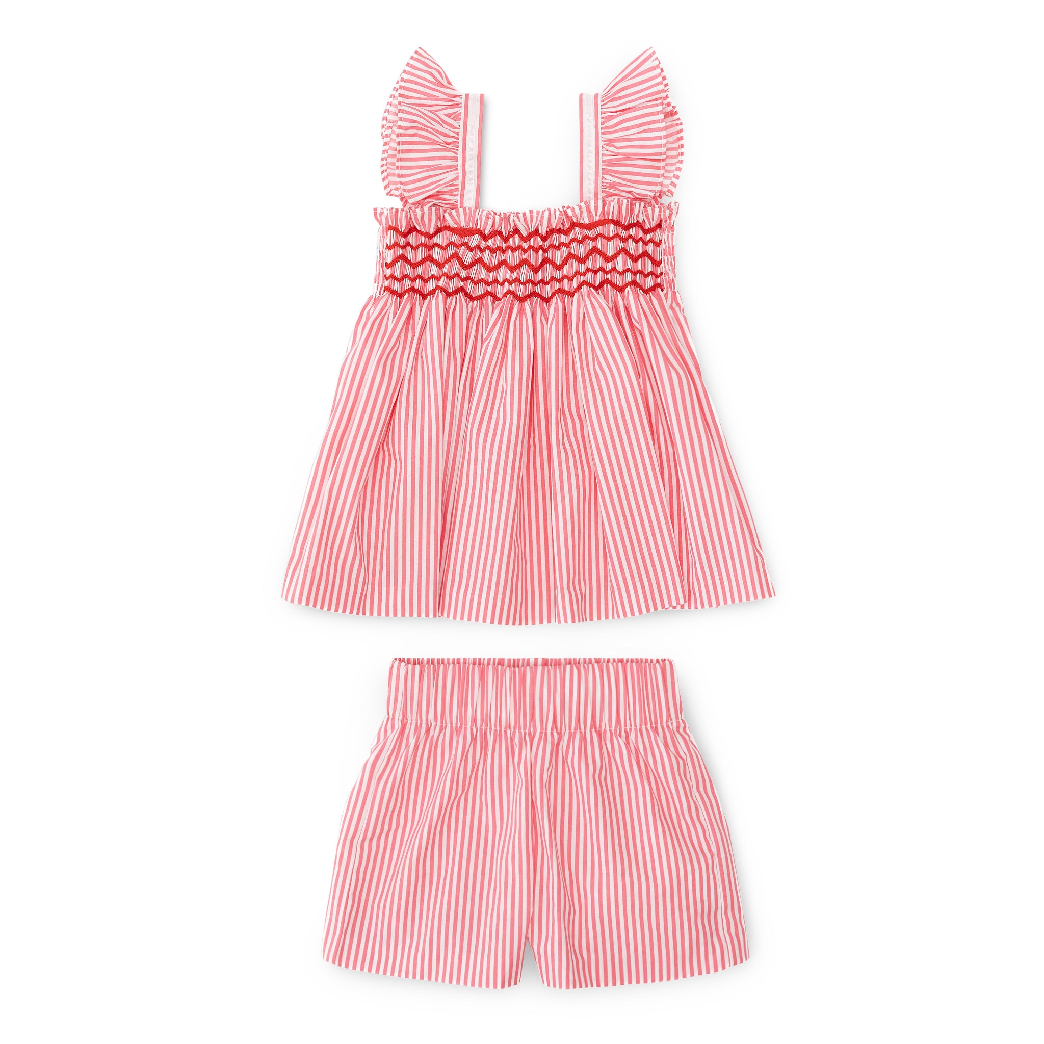 Henry Duvall girls smocked shorts set in red & white strip, a classic two-piece outfit with flutter sleeves and blue embroidered smocking.