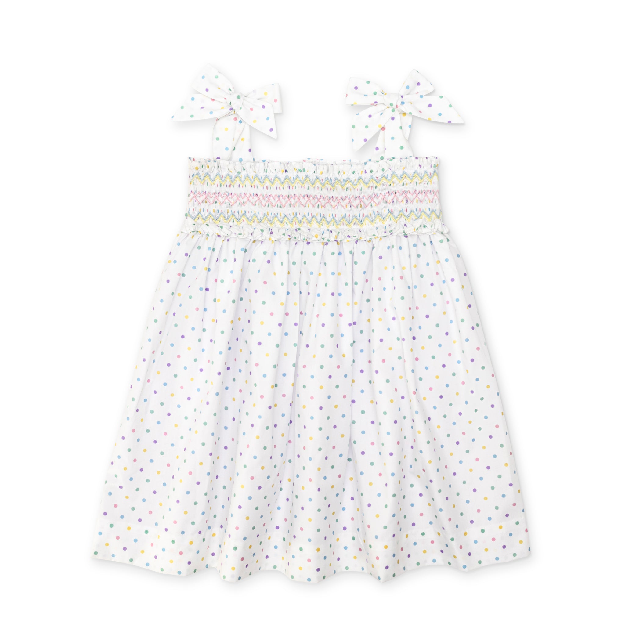 Henry Duvall Daisy Dress in Dunmore Dot print with hand-smocked bodice and shoulder bow ties, classic heirloom summer dress for girls