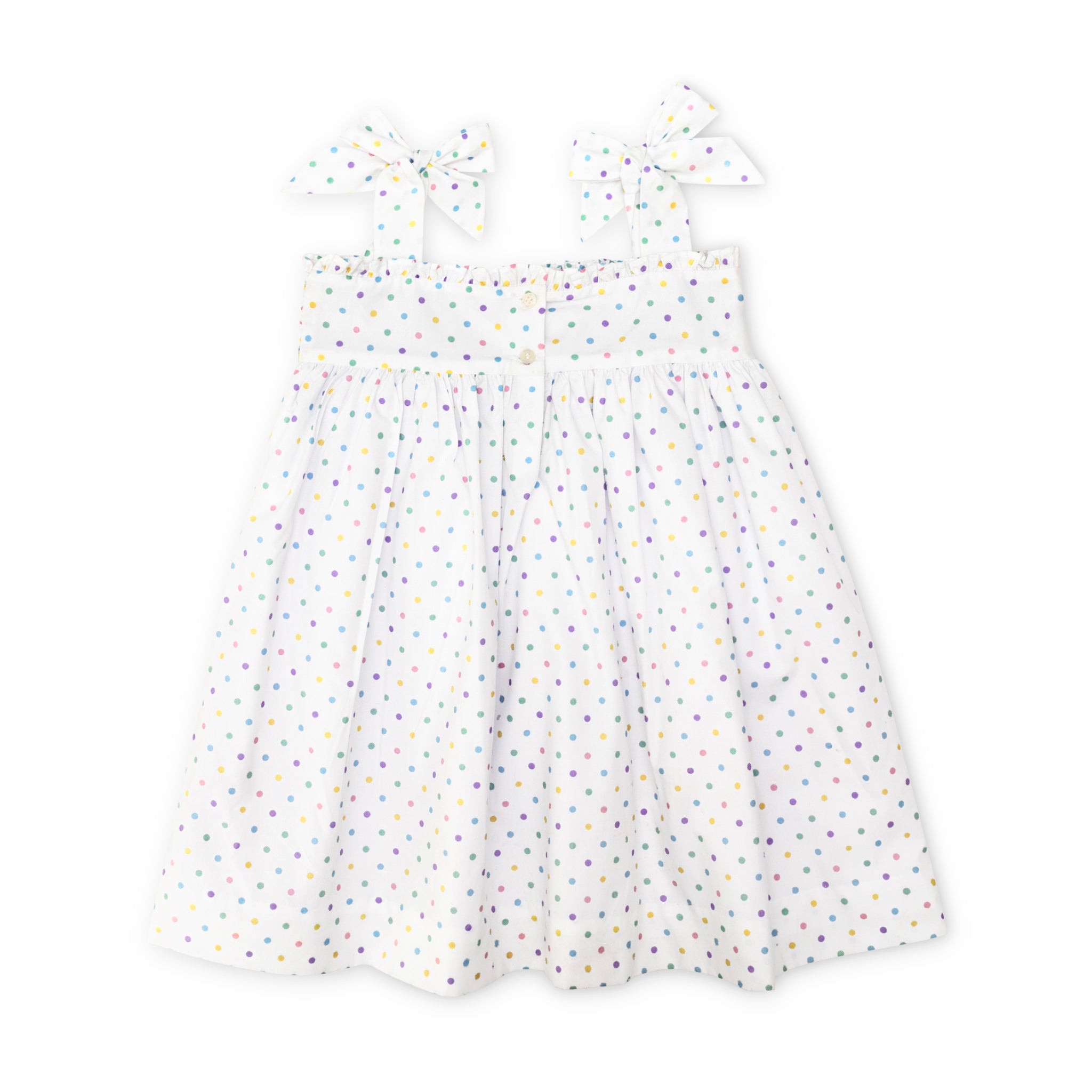 Henry Duvall Daisy Dress in Dunmore Dot print with hand-smocked bodice and shoulder bow ties, classic heirloom summer dress for girls