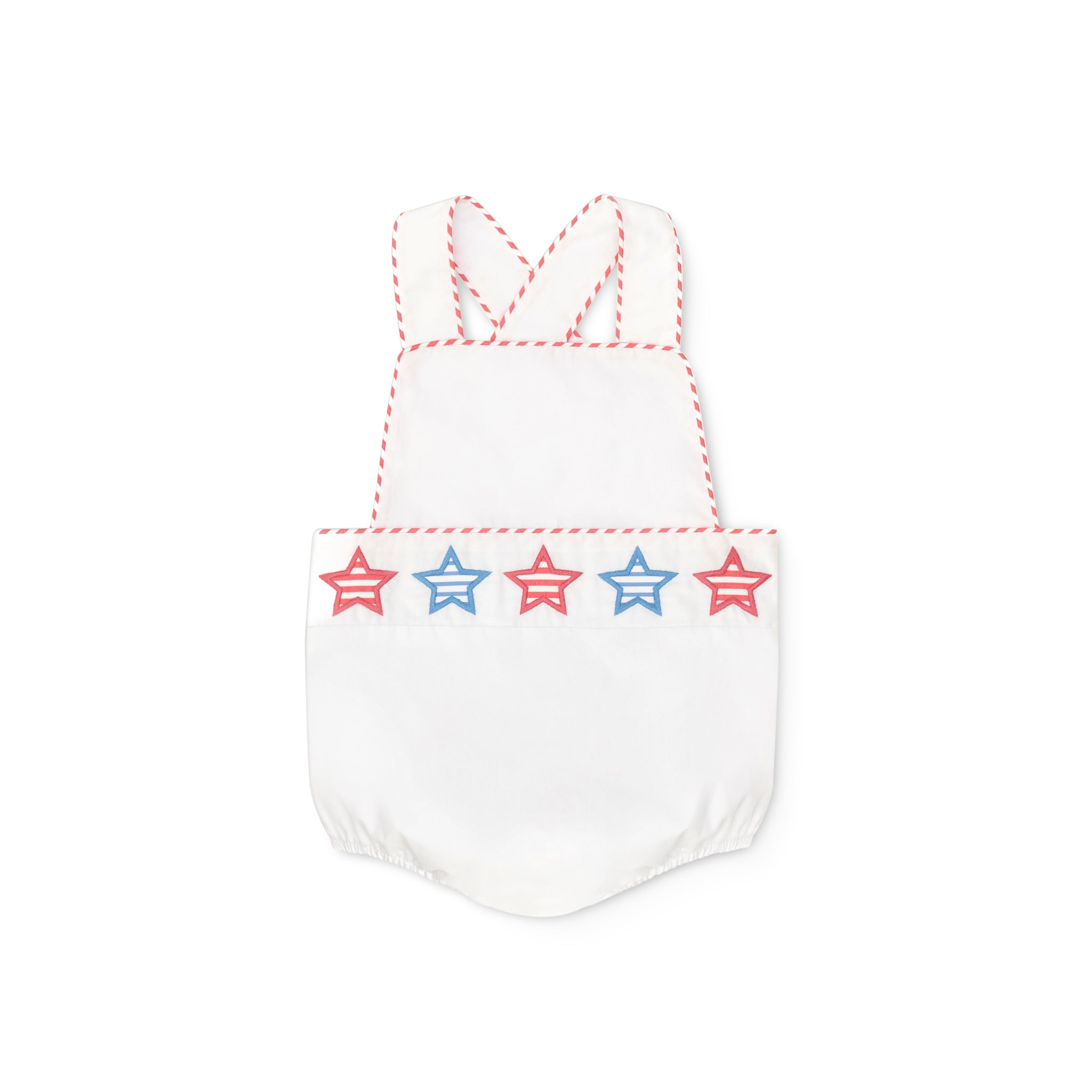 Henry Duvall unisex baby sunsuit in white with red and blue star appliqué and criss cross straps, classic patriotic outfit for Memorial Day, 4th of July, and summer occasions