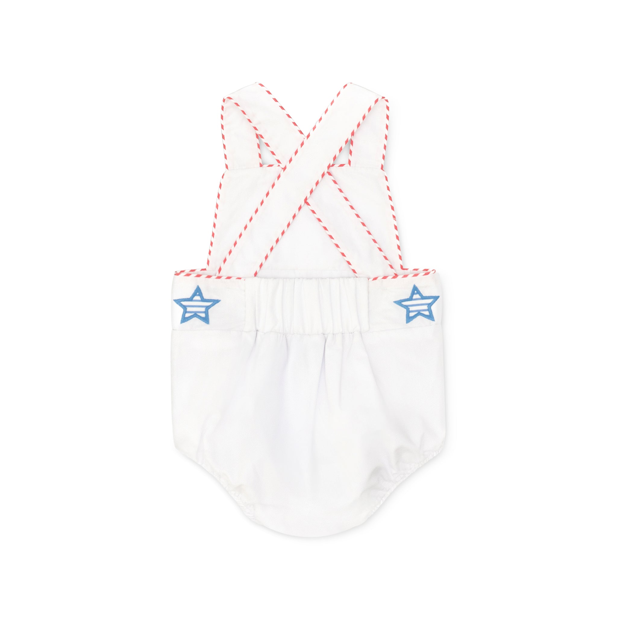 Henry Duvall unisex baby sunsuit in white with red and blue star appliqué and criss cross straps, classic patriotic outfit for Memorial Day, 4th of July, and summer occasions