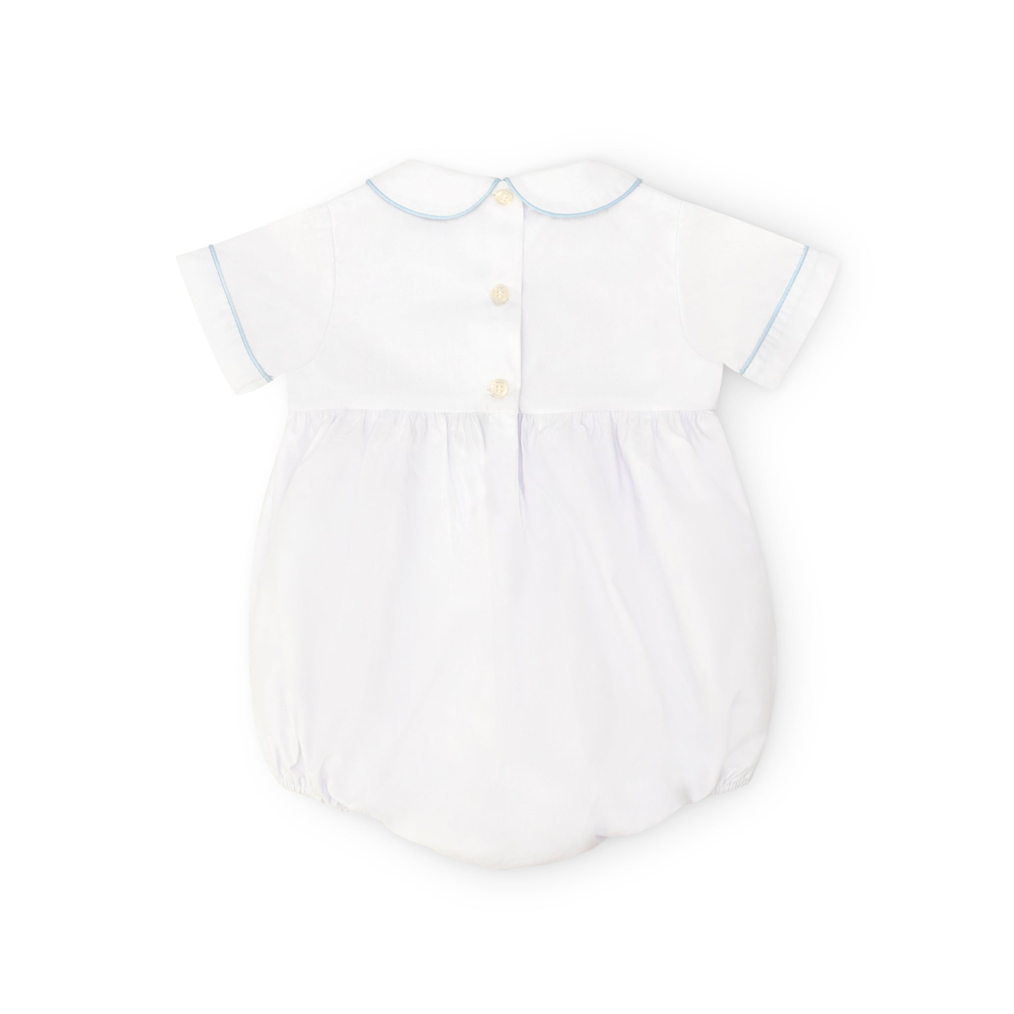 Henry Duvall Charlie Bubble for boys in white cotton with Bailey’s Bay Blue trim and smocked sailboat, classic summer baby boy outfit with Peter Pan collar
