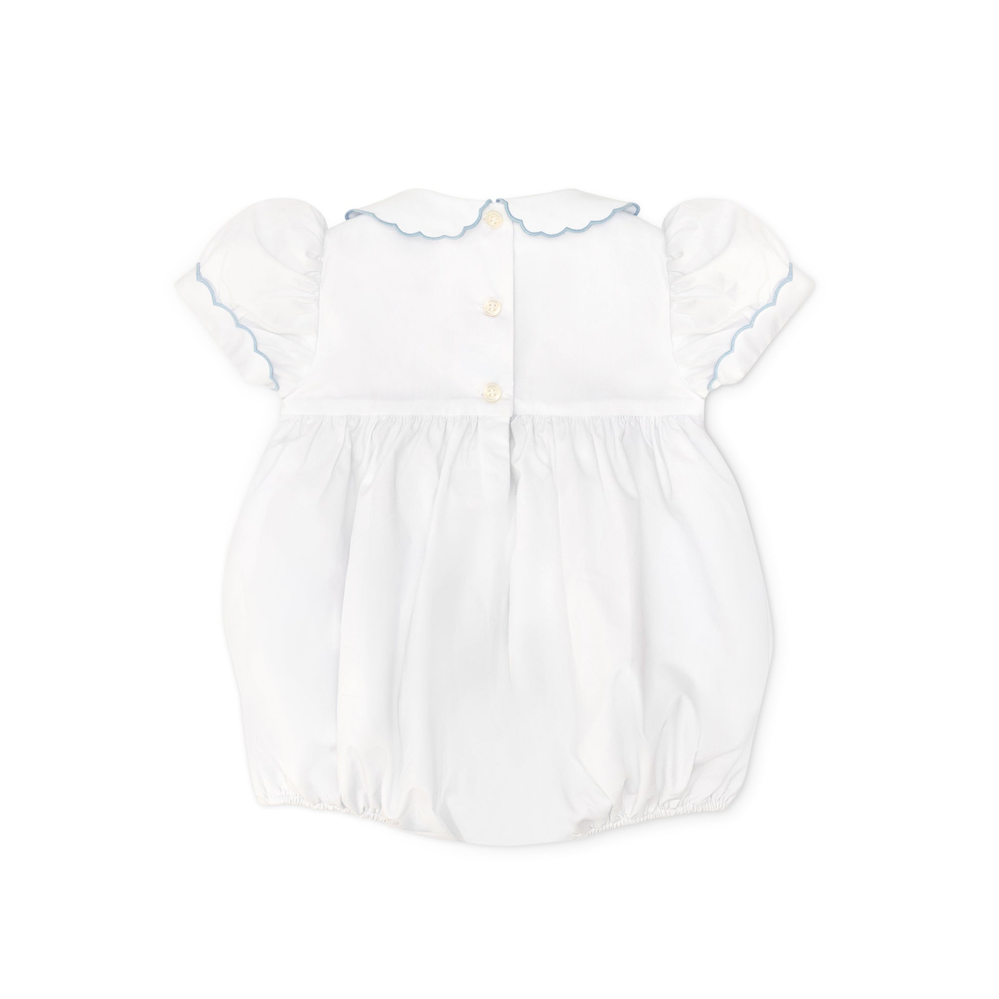 Henry Duvall Eloise Bubble in white cotton with Bailey’s Bay Blue trim and hand-smocked sailboats, classic heirloom baby girl summer outfit with scalloped Peter Pan collar