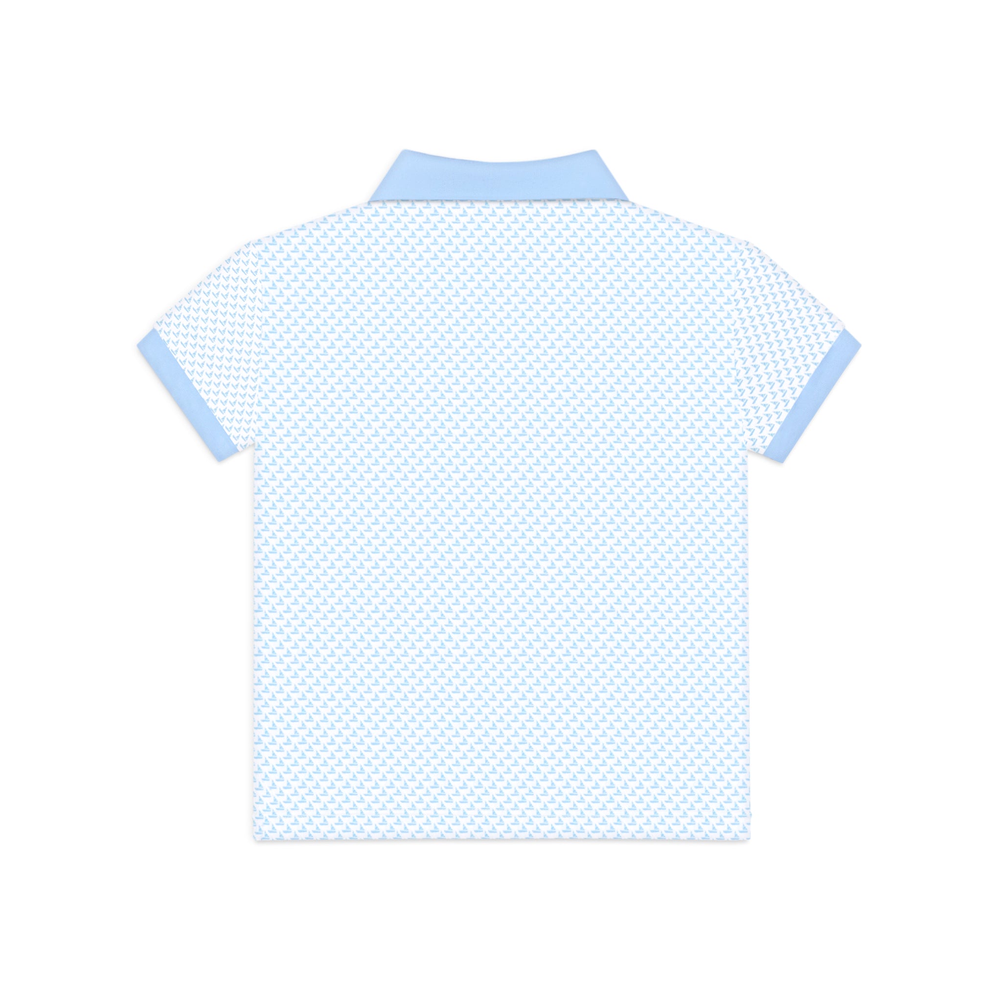 Back view of a light blue patterned shirt on a white background