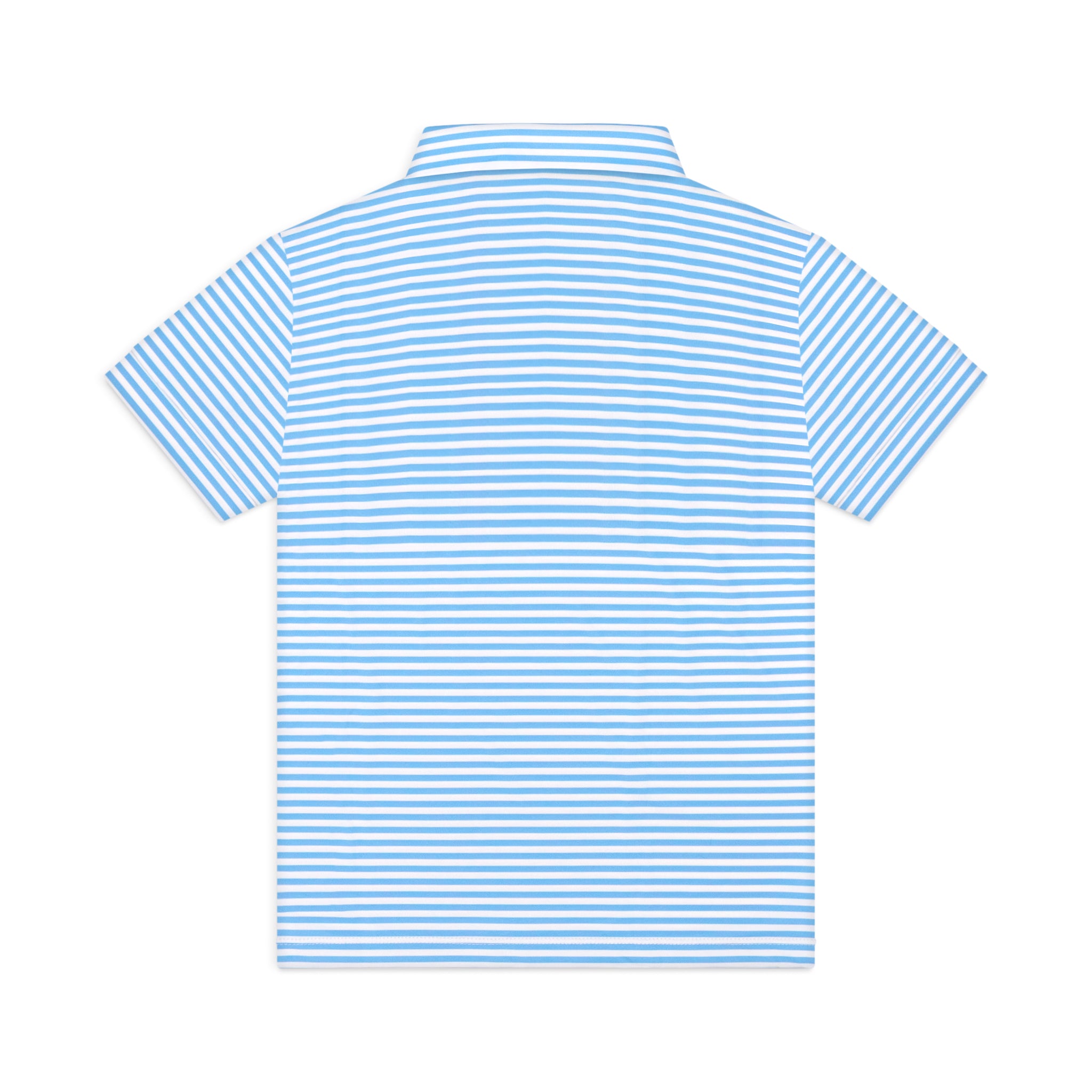 Blue and white striped polo shirt on a white background