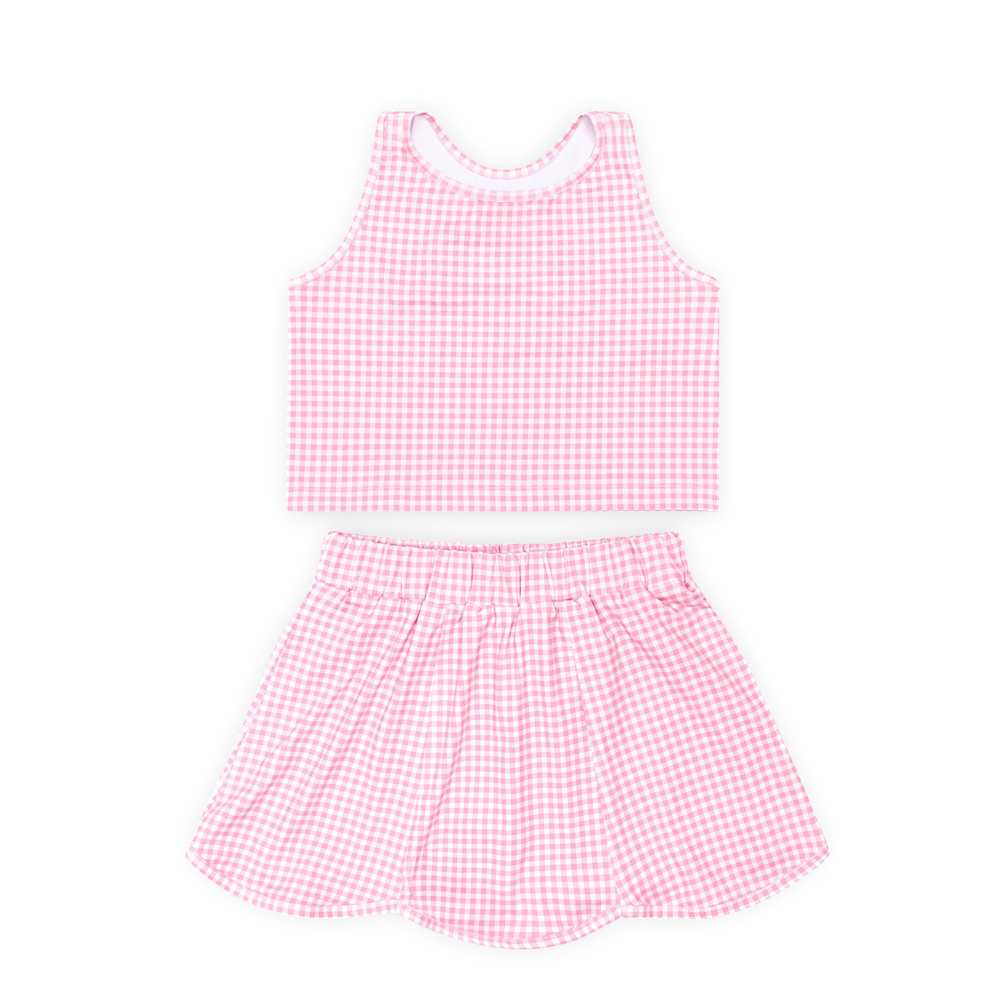 Henry Duvall girls pink gingham athleisure set with scalloped skort and matching sleeveless top, classic preppy active outfit for summer and tennis.
