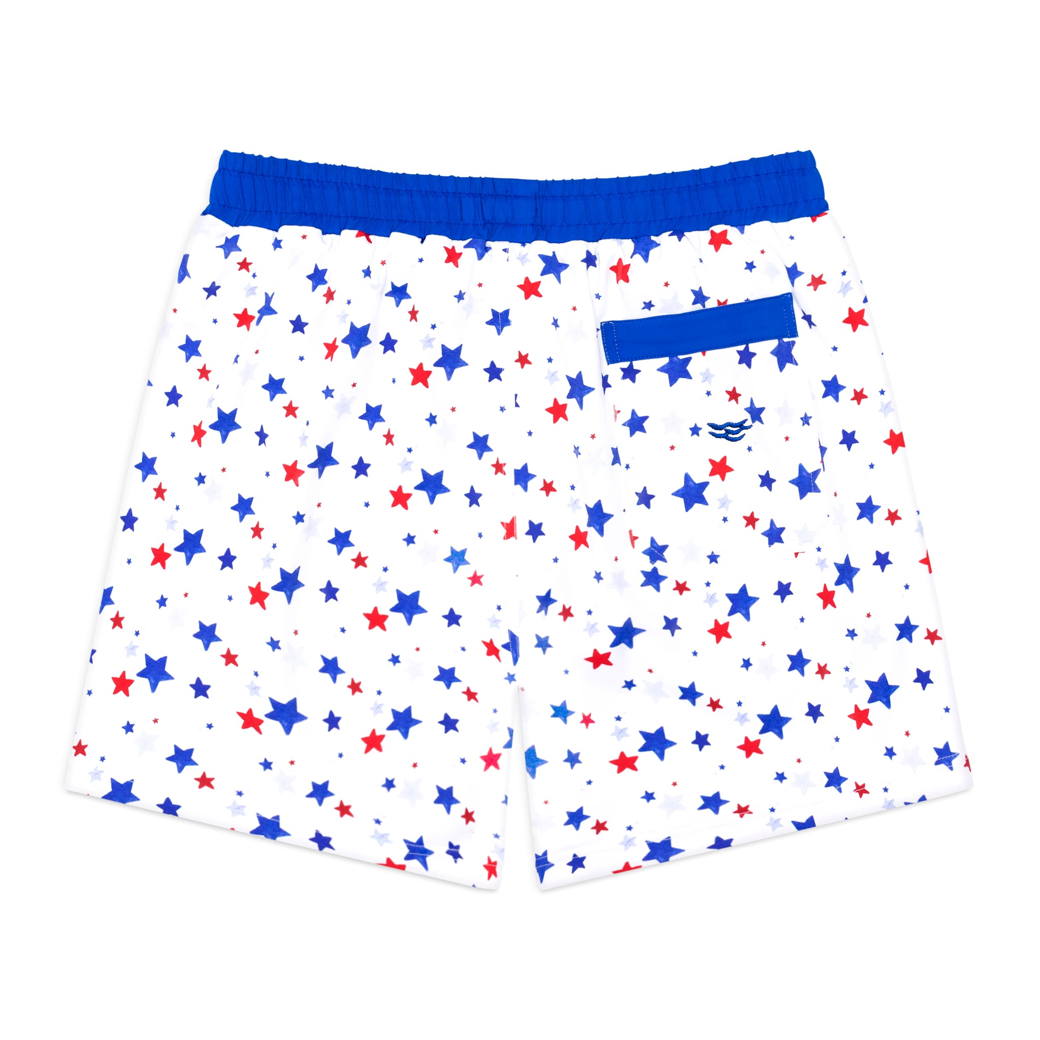 Henry Duvall Theo men’s swim trunks in Somerset Stars print with red and blue stars, UPF 50+ patriotic swim shorts for beach, vacation, and father-son matching outfits