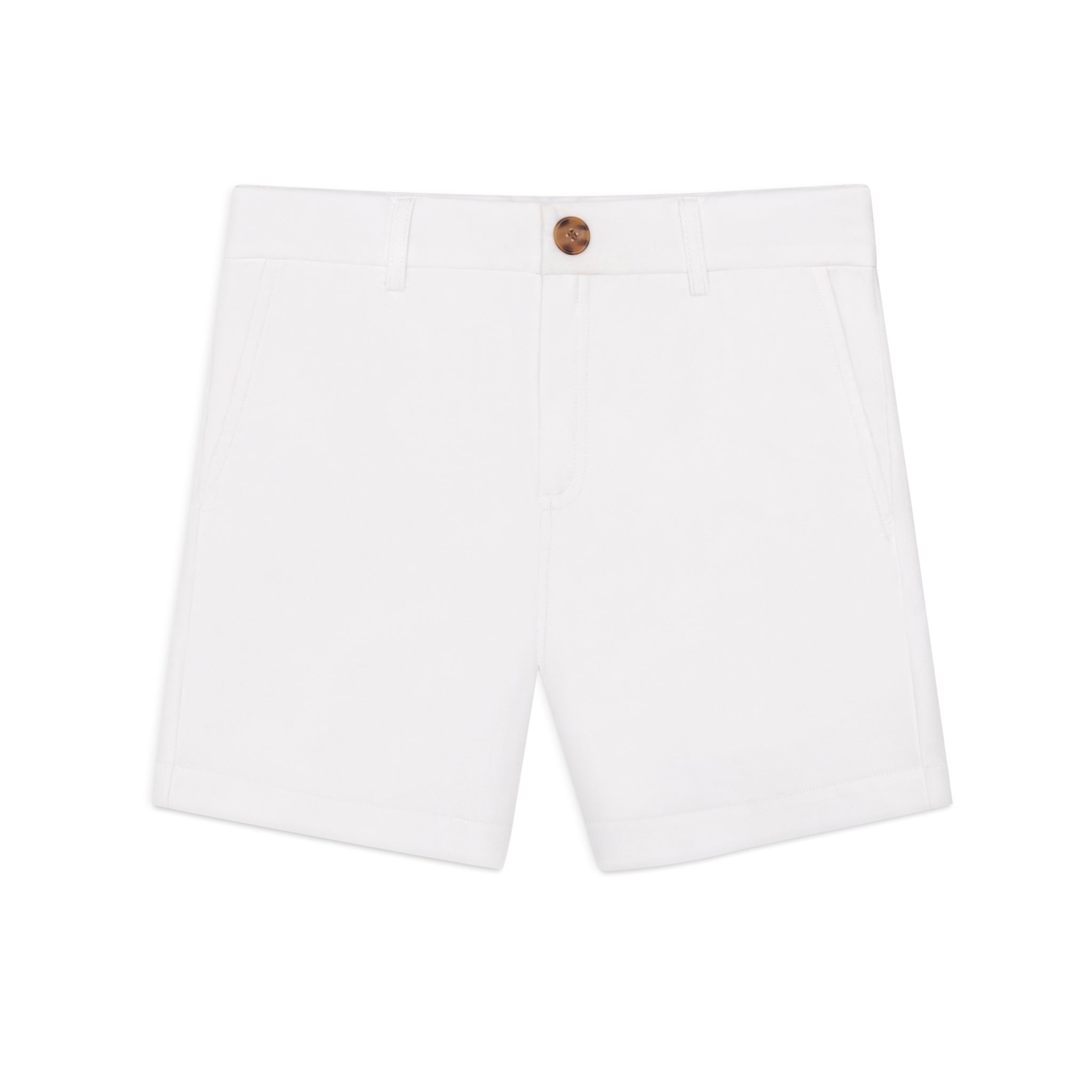 White shorts with a brown button on a white background