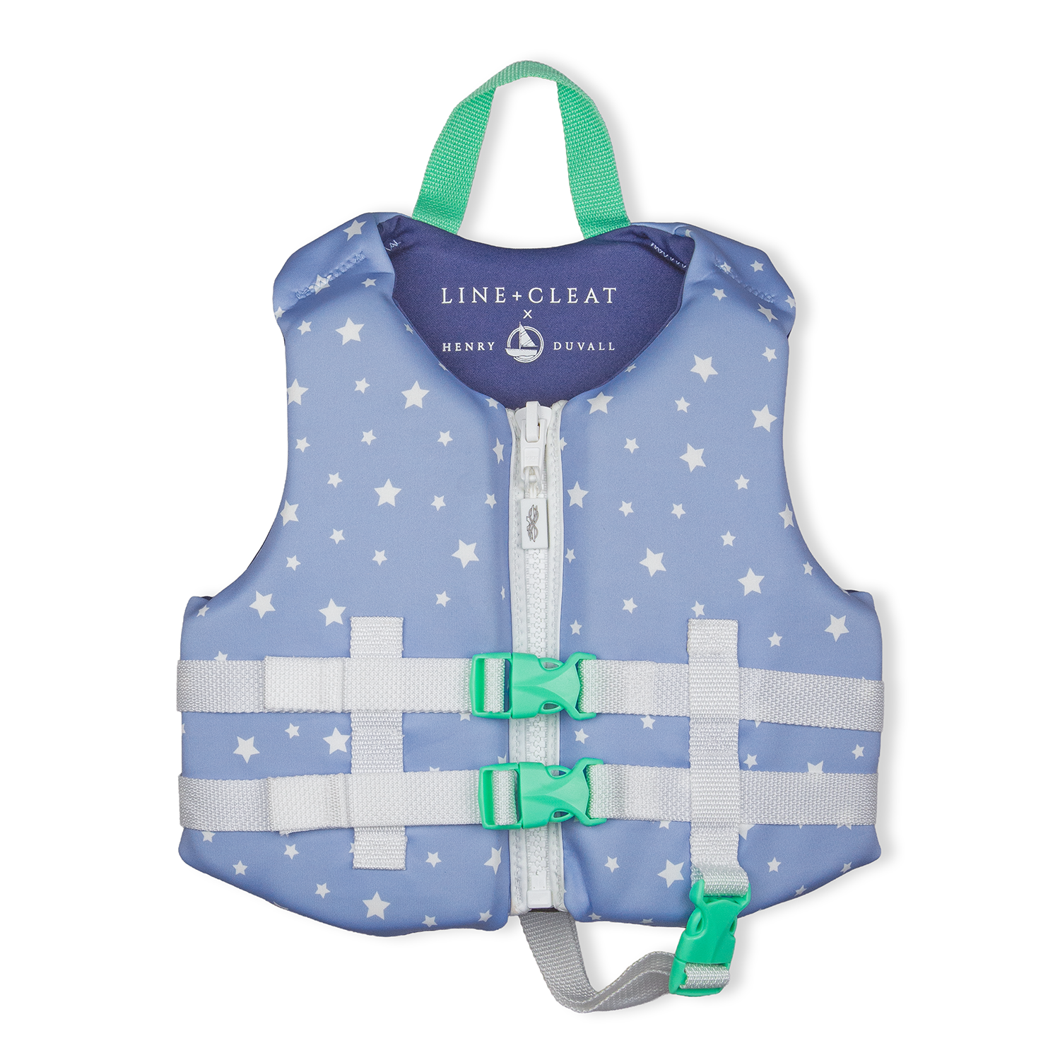 Stylish Henry Duvall x Line + Cleat kids life jacket in blue star print with zipper front and adjustable safety straps