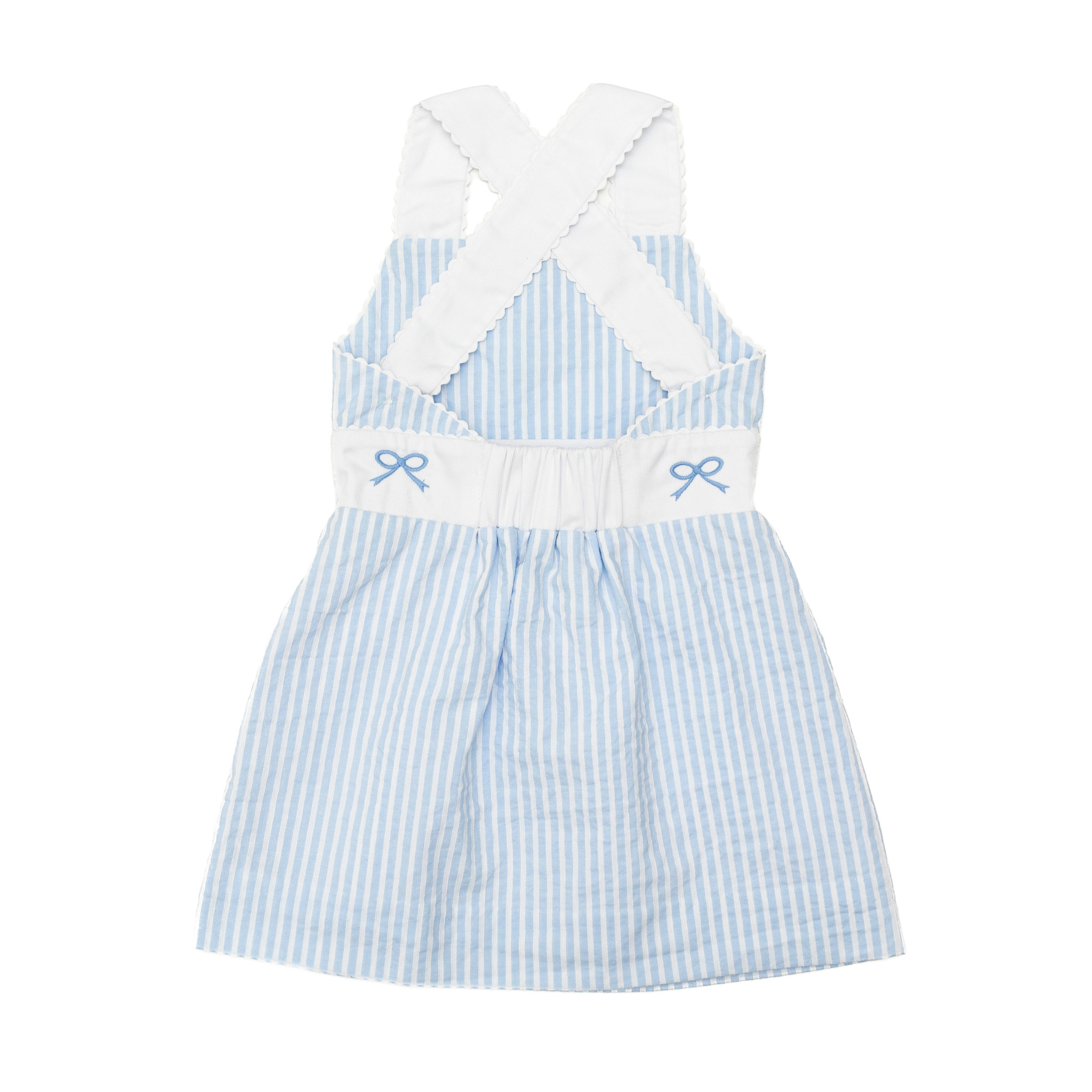 Henry Duvall girls Campell Dress in blue and white Seaside Stripe, a timeless summer dress with embroidered bow detail and open back straps