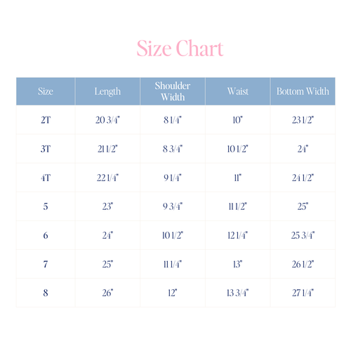 Leila Dress With Back to School Embroidery size chart