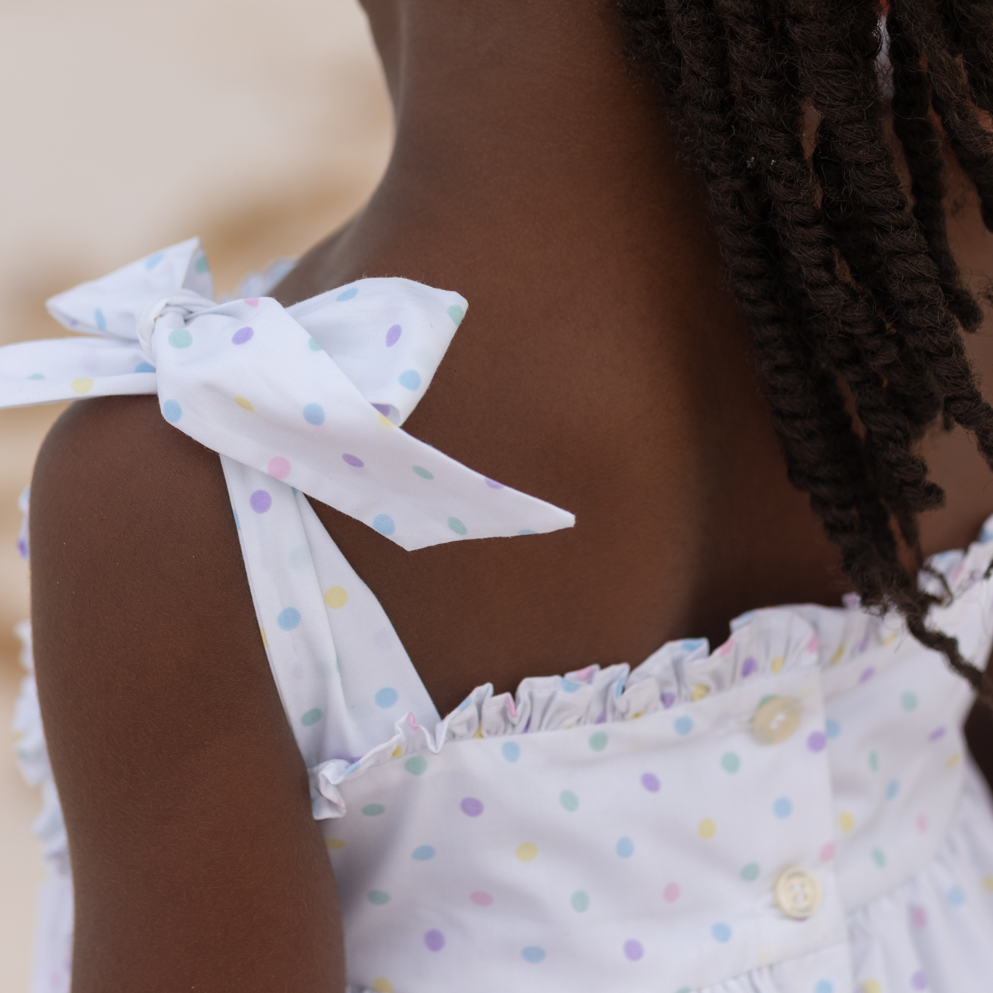 Henry Duvall Daisy Dress in Dunmore Dot print with hand-smocked bodice and shoulder bow ties, classic heirloom summer dress for girls