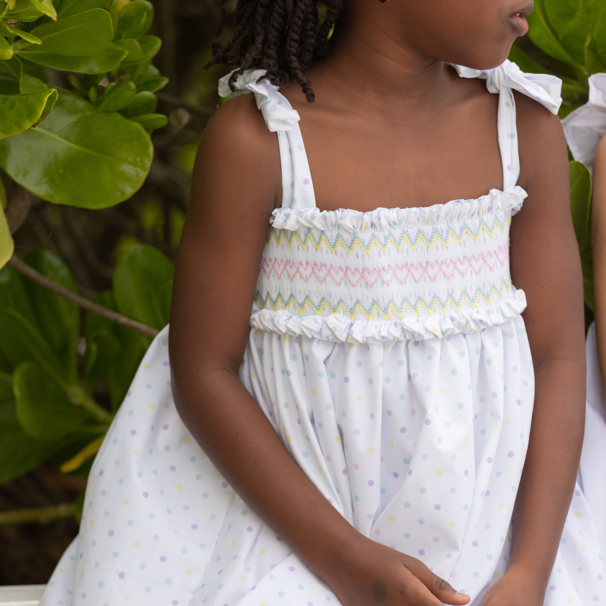 Henry Duvall Daisy Dress in Dunmore Dot print with hand-smocked bodice and shoulder bow ties, classic heirloom summer dress for girls