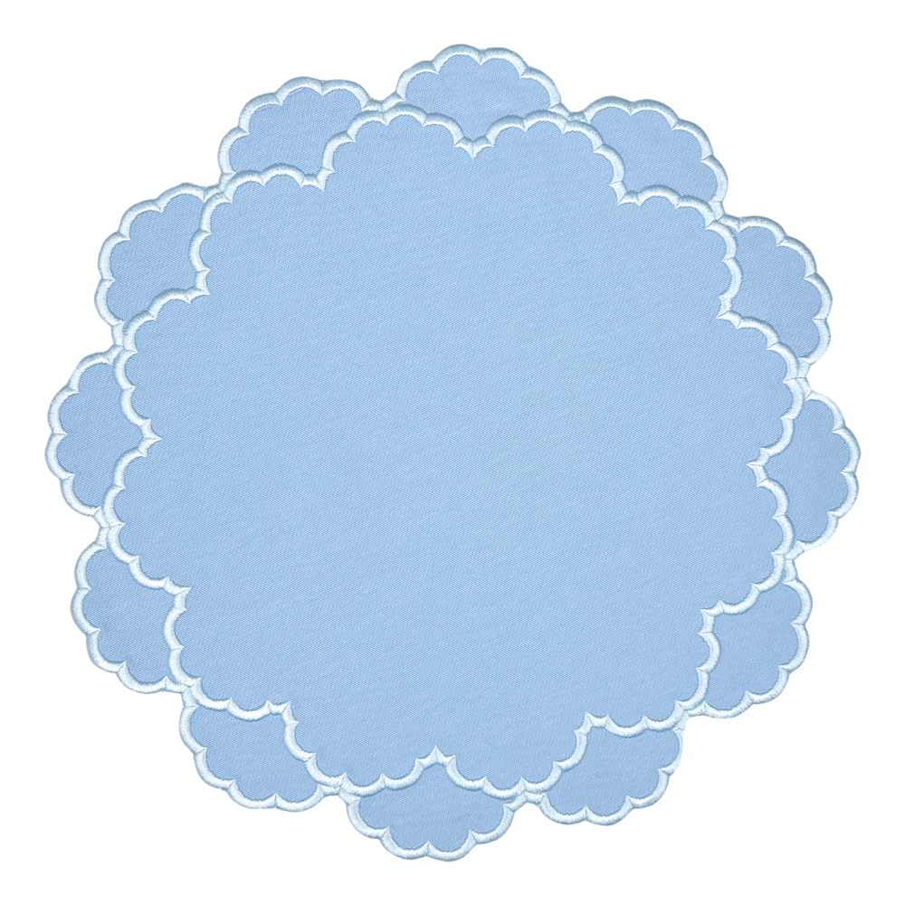 Light blue scalloped circular object on a white background