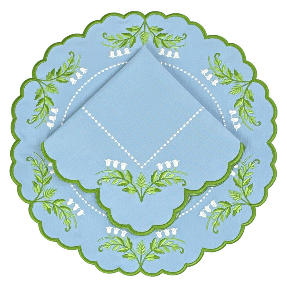 Decorative blue cloth with green leaf patterns on a white background