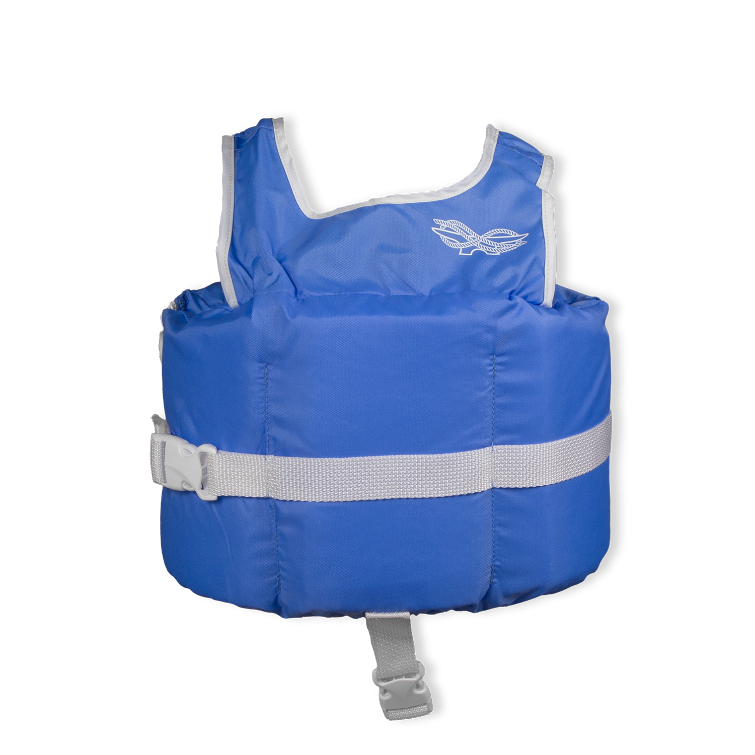 Blue life jacket with gray straps on a white background