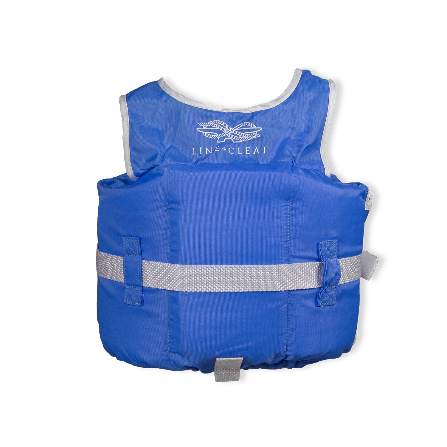 Blue life jacket with a visible brand logo on a white background