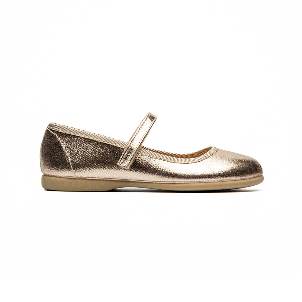 Childrenchic gold Mary Jane shoes for girls with Velcro strap and cushioned sole, perfect for pairing with Henry Duvall fall dresses and party looks
