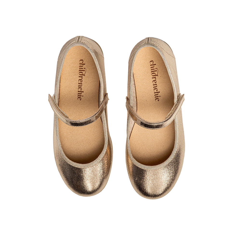 Childrenchic gold Mary Jane shoes for girls with Velcro strap and cushioned sole, perfect for pairing with Henry Duvall fall dresses and party looks
