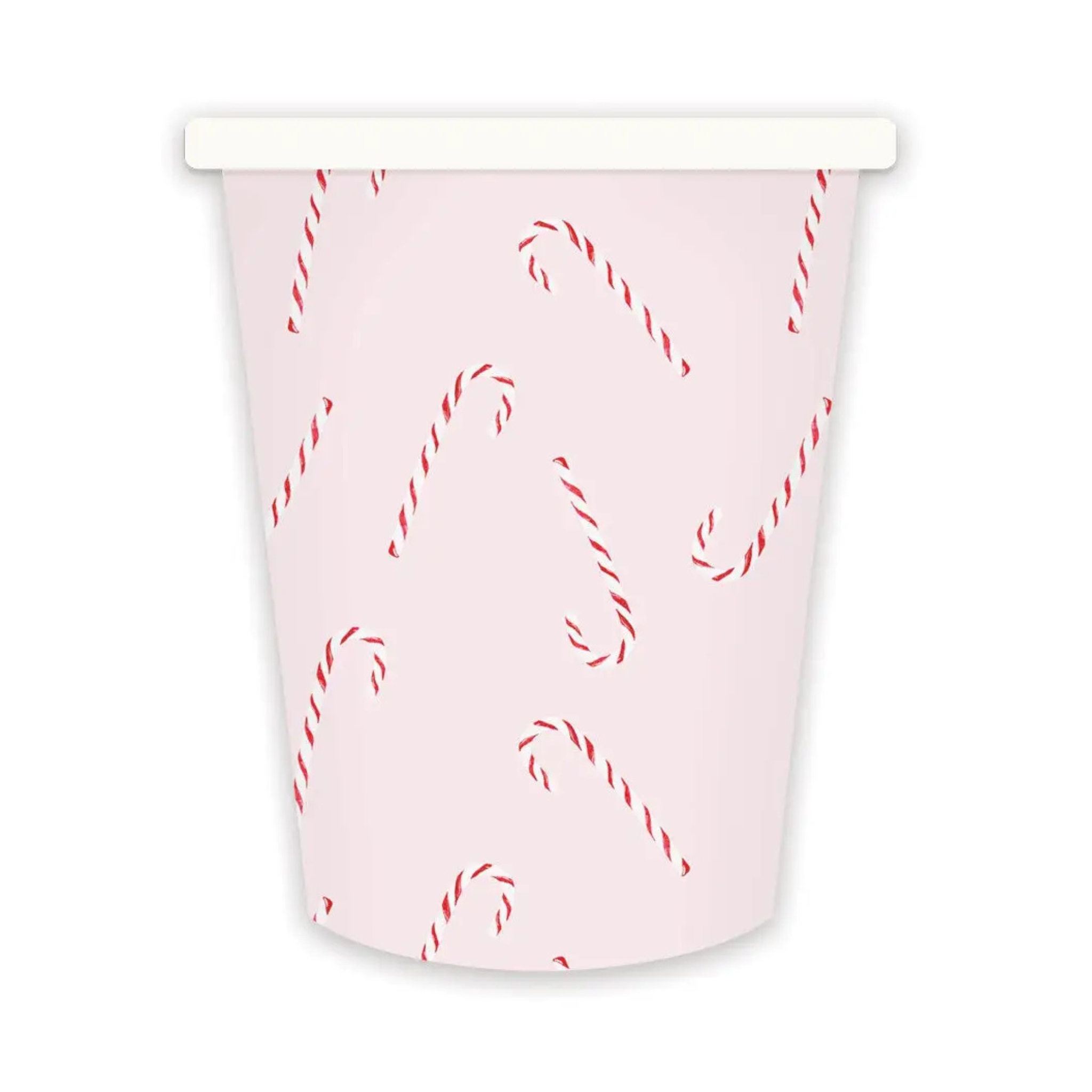 Pink holiday paper cups with red candy cane pattern, perfect for whimsical Christmas party tables.