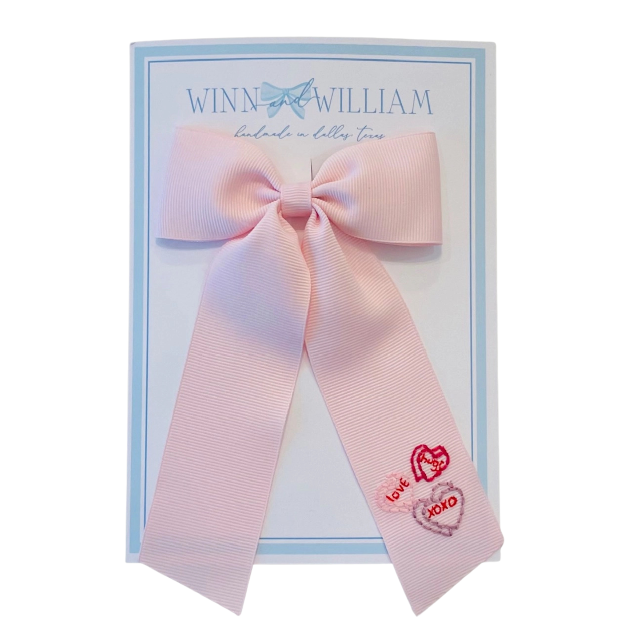Classic Hand-Embroidered Candy Hearts Bow with stitched candy hearts, small valentine accessory