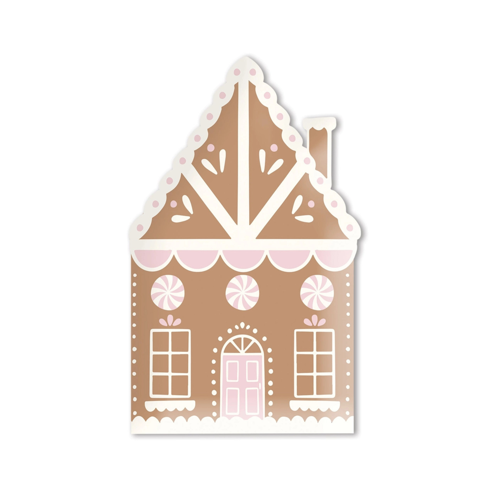 Whimsical gingerbread house-shaped paper plate with icing and candy-inspired details, perfect for Christmas parties and holiday treats.