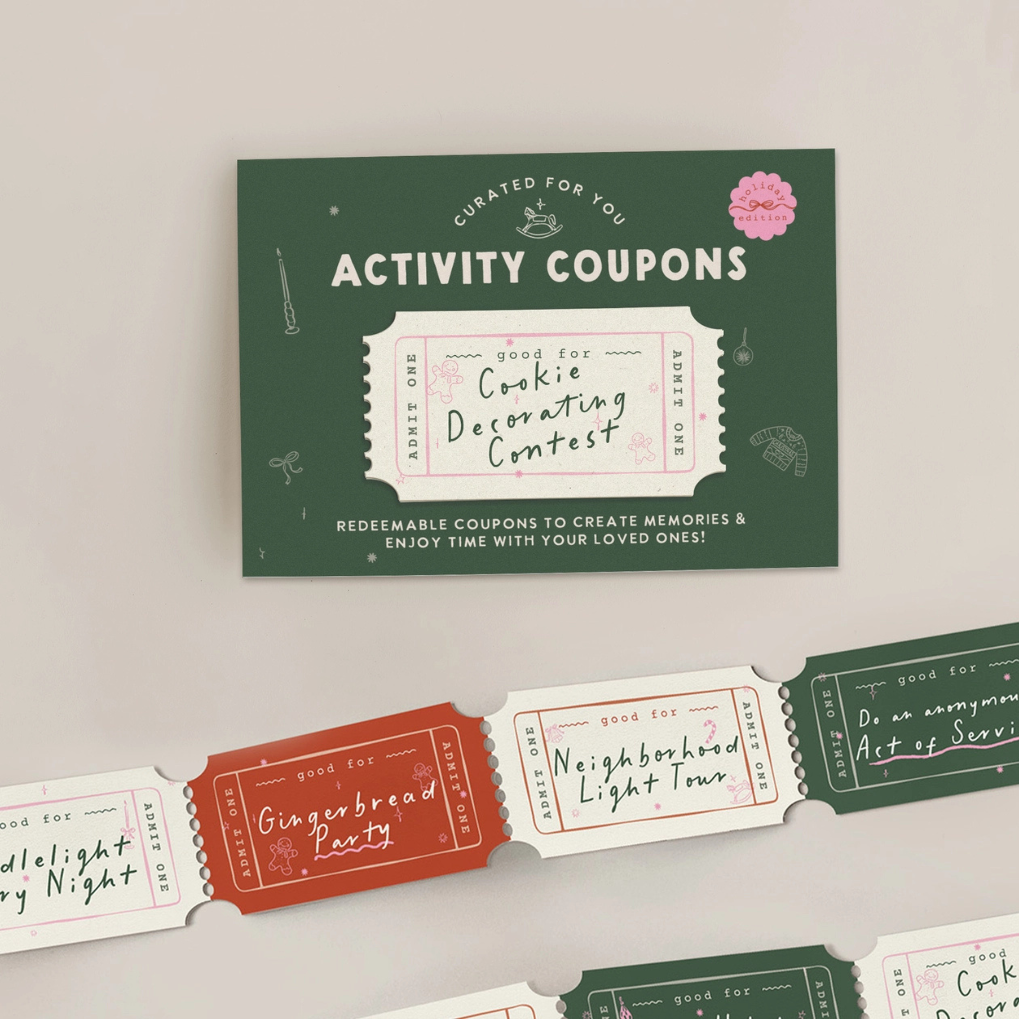Holiday activity coupon book for kids with 12 tear-off tickets featuring festive family activities like baking, light tours, and game nights; ideal for a season full of memory-making