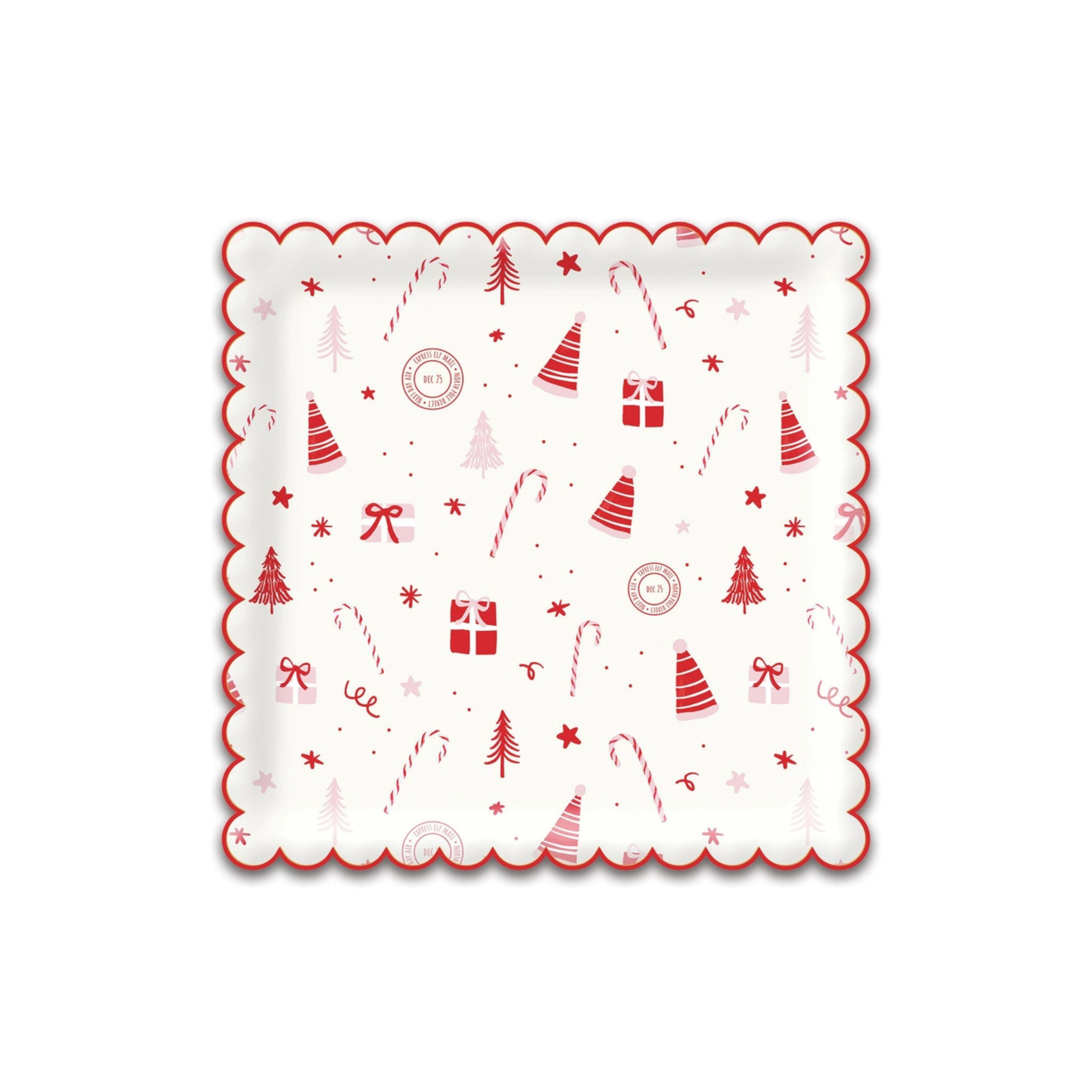 Square cream-colored paper plate with red scalloped edges and an all-over Christmas pattern featuring red and pink icons like Santa hats, candy canes, wrapped gifts, and festive trees.