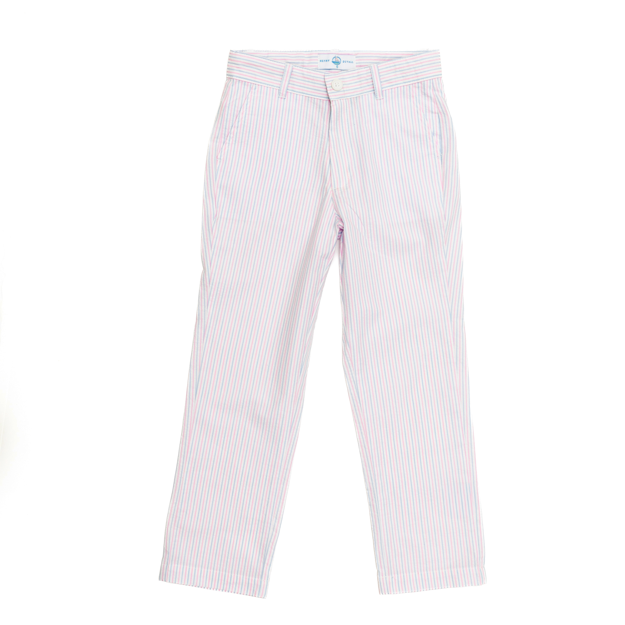 Henry Duvall Bradford Trousers for boys in Watercolor Seersucker, a classic tailored boys trouser in pink and blue striped seersucker.