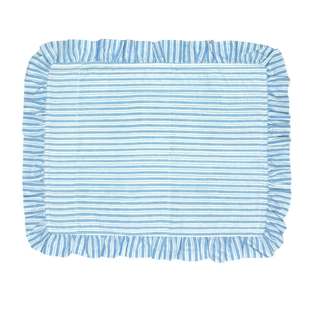 Quilted Placemats with Ruffle in Blue Stripes, Set of 4 - Henry Duvall