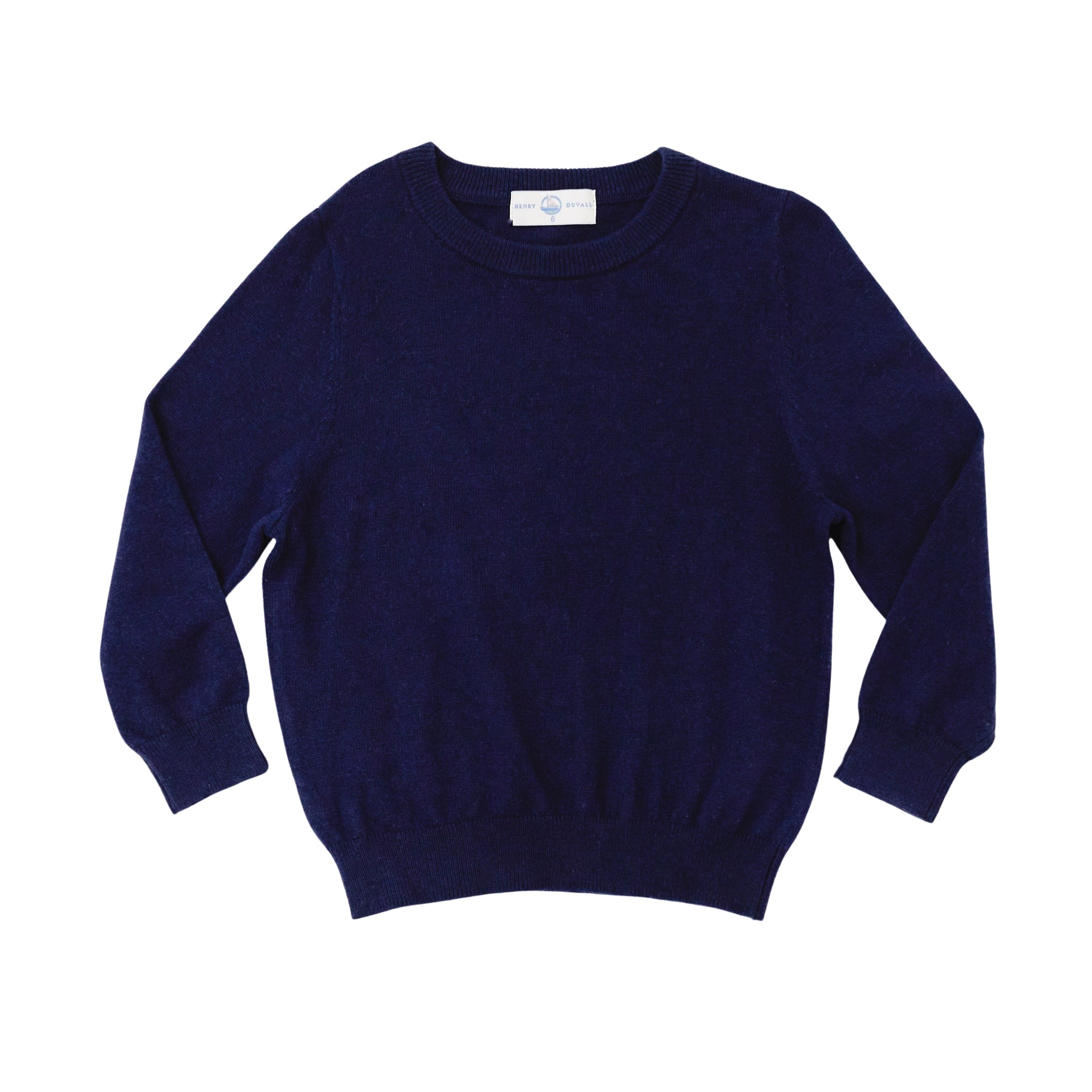 Classic boys navy crewneck sweater, soft anti-pilling knit, ideal for layering with dress shirts or trousers, timeless fall and winter staple from Henry Duvall