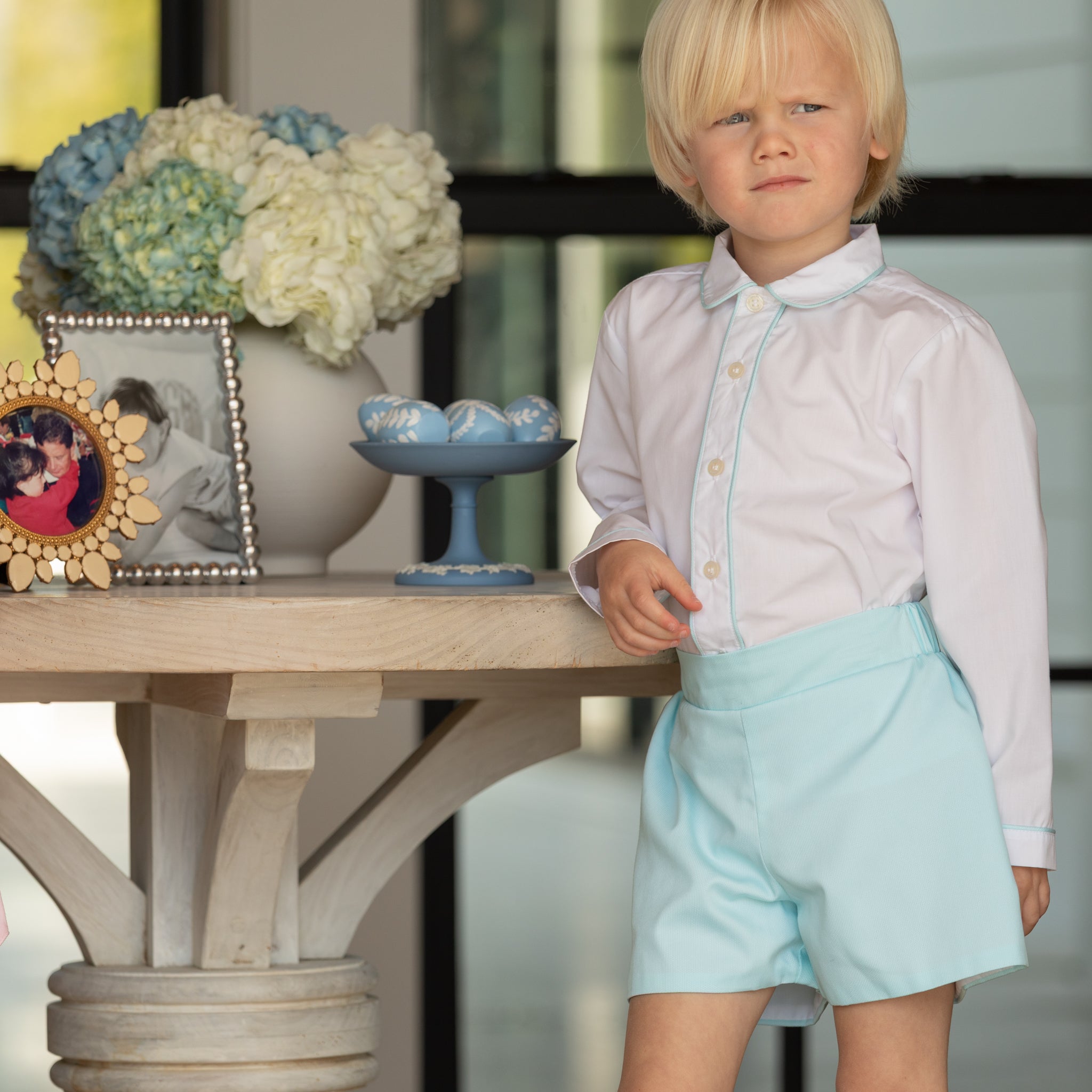 Boy wearing the Henry Duvall Sullivan Shorts Set, a classic boys outfit designed for holidays, family gatherings, and timeless dressing.