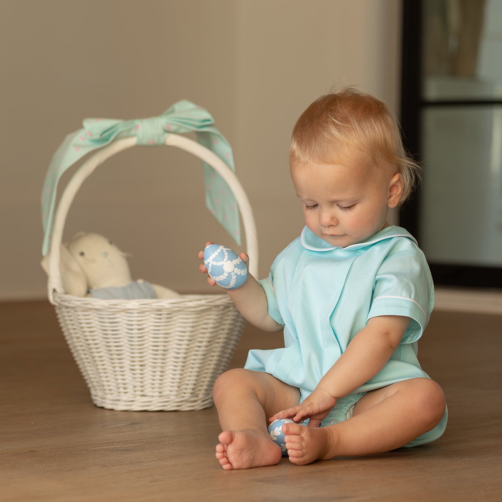 Baby boy wearing the Henry Duvall Banks Bubble, a classic spring outfit designed for family photos and special occasions.