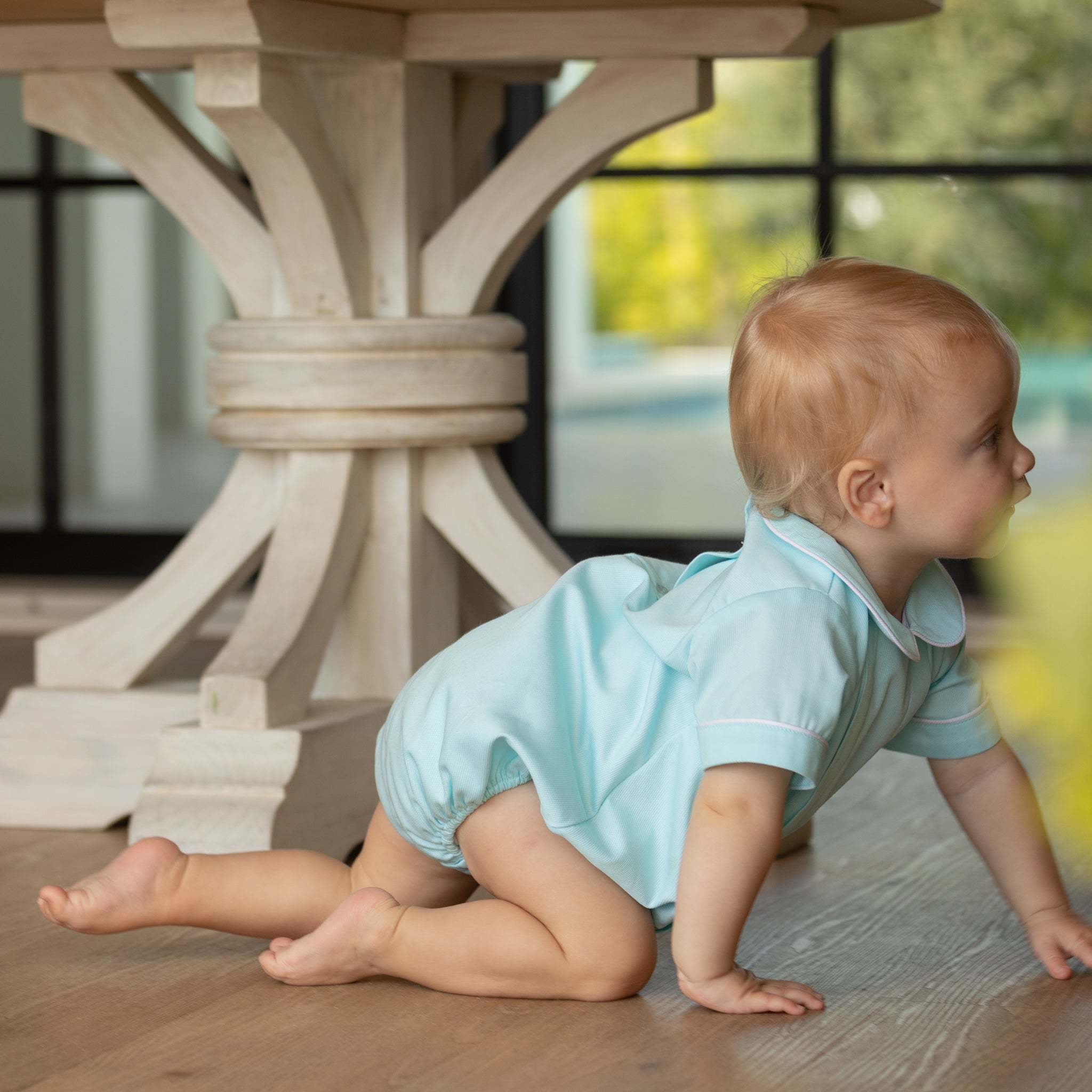 Baby boy wearing the Henry Duvall Banks Bubble, a classic spring outfit designed for family photos and special occasions.