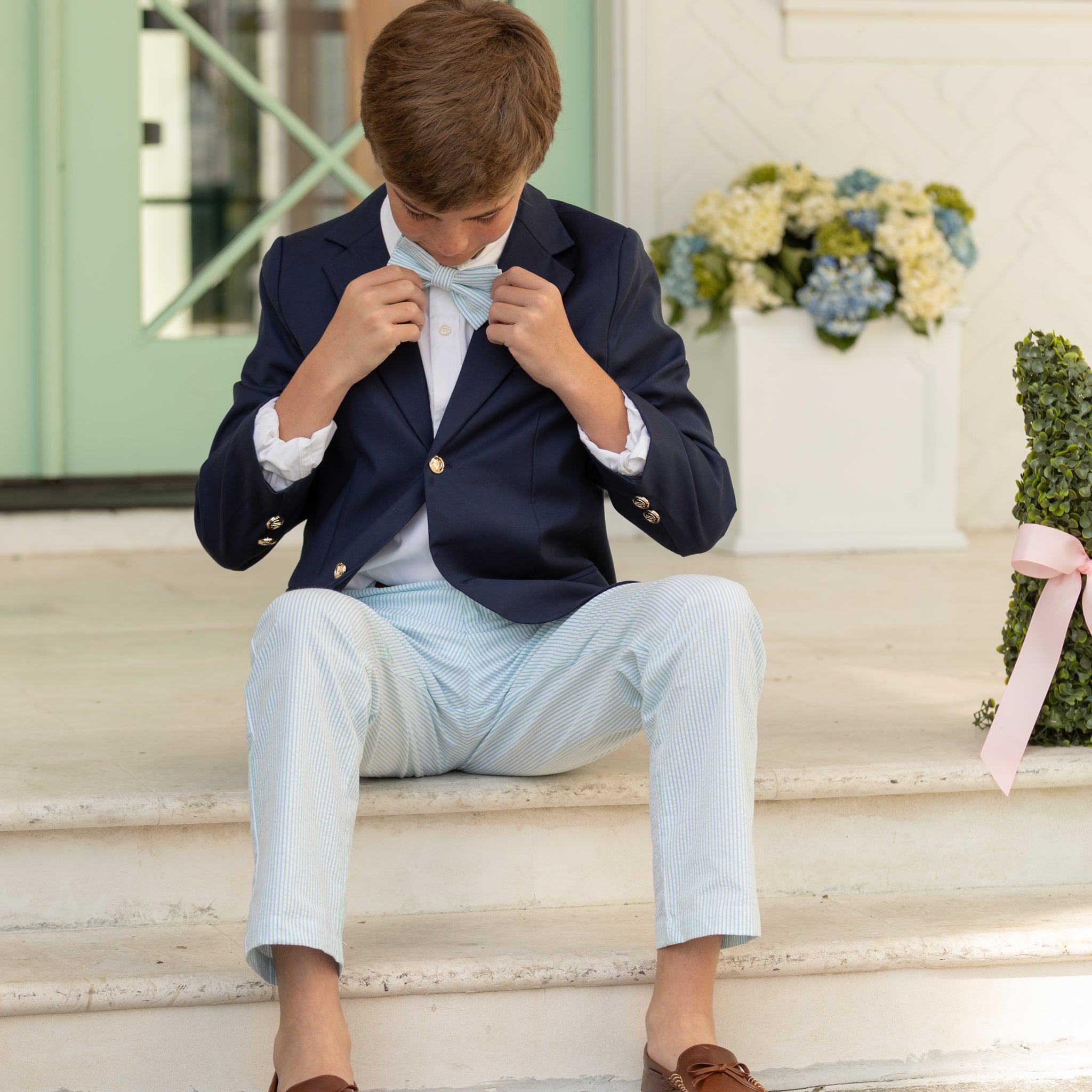 Henry Duvall Baker Bow Tie in Watercolor Seersucker, a classic pre-tied boys bow tie designed for spring and Easter outfits.