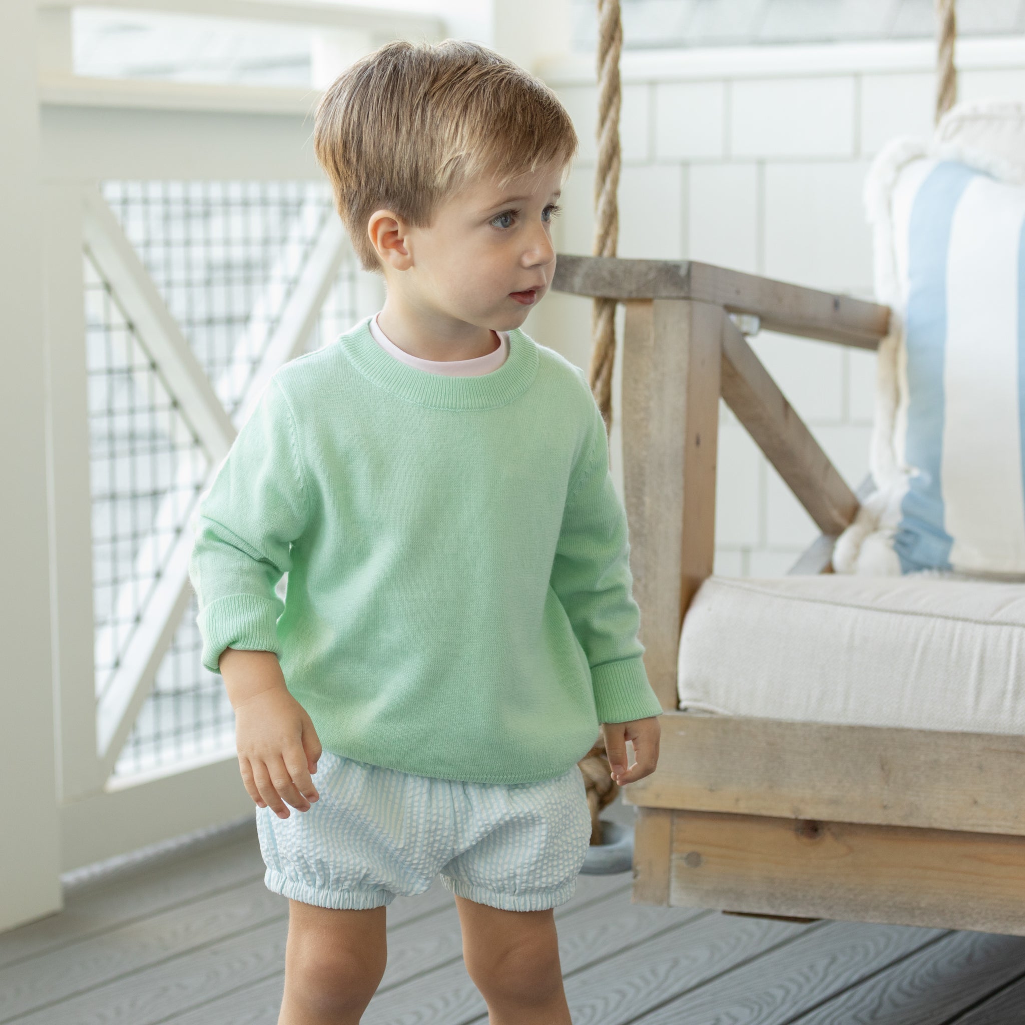 Henry Duvall Somers Shorties for toddler boys in Bailey’s Blue Seersucker, a classic bloomer-style short designed for summer wear.