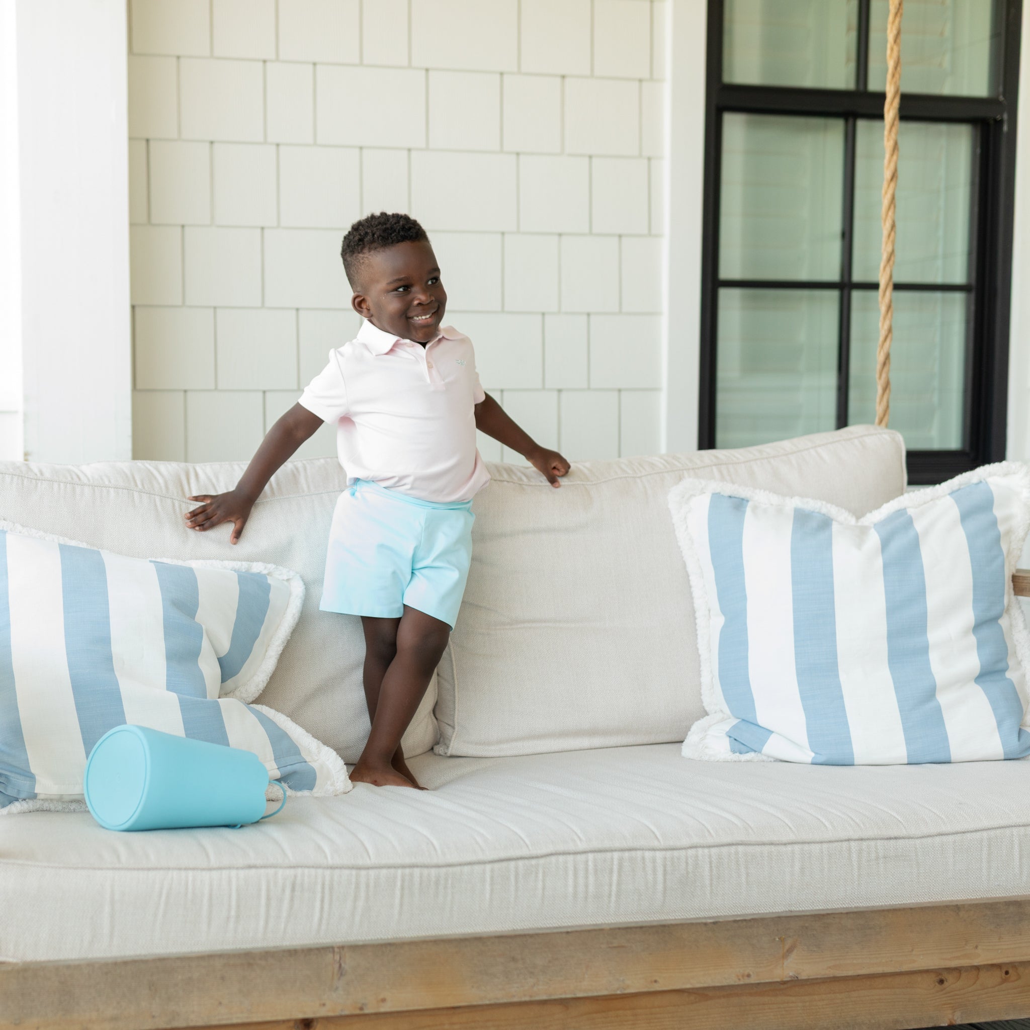 Henry Duvall Sullivan Shorts for boys in mint piqué, a classic two-piece outfit featuring a button-down shirt with rounded collar and tailored shorts.