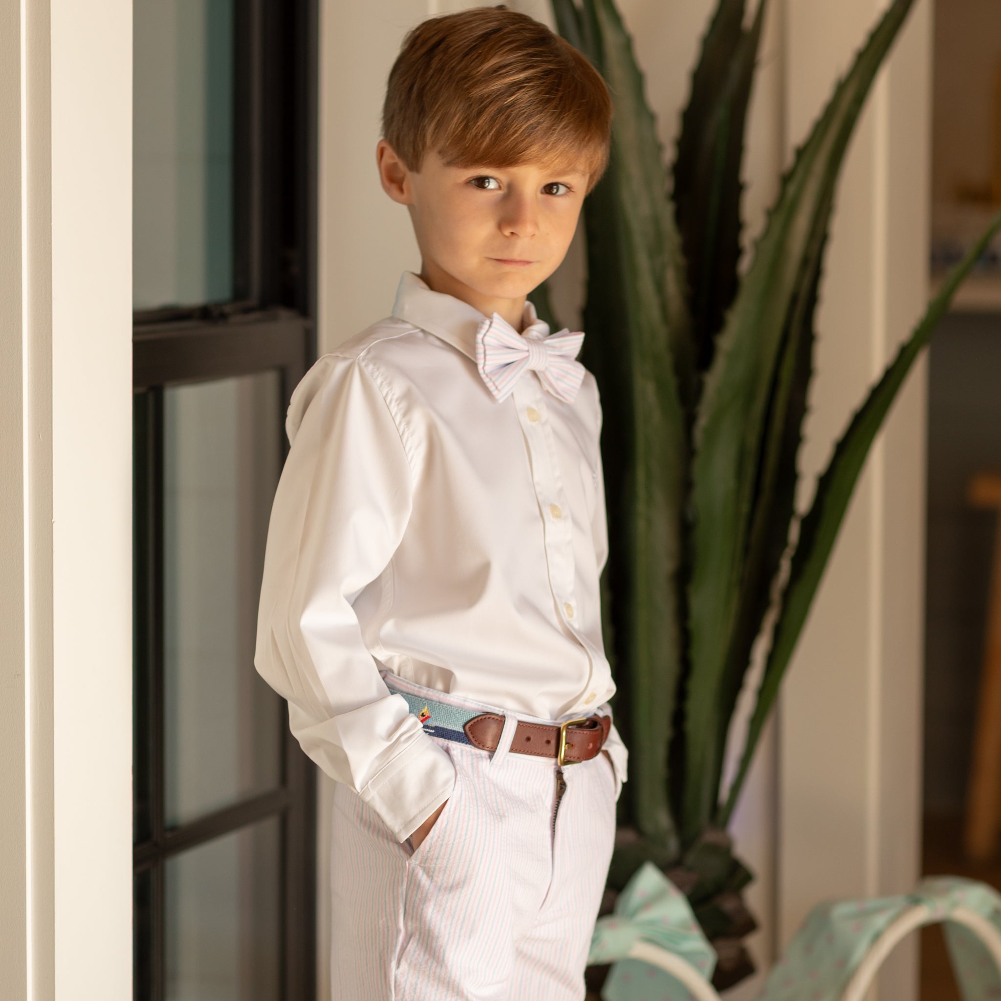 Henry Duvall Baker Bow Tie in Watercolor Seersucker, a classic pre-tied boys bow tie designed for spring and Easter outfits.