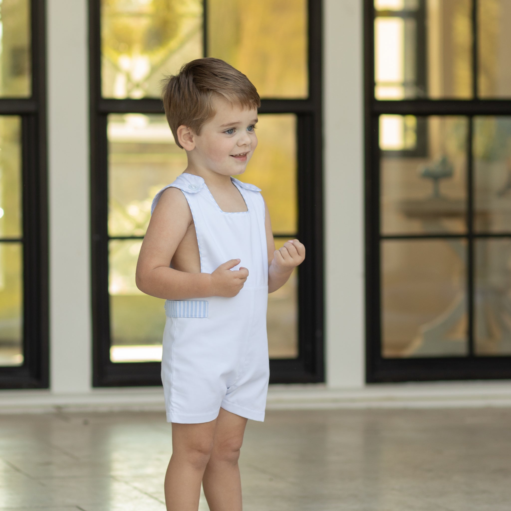 Henry Duvall James Henry Jon Jon for toddler boys in white piqué with Seaside Stripe trim, a classic and traditional summer one-piece