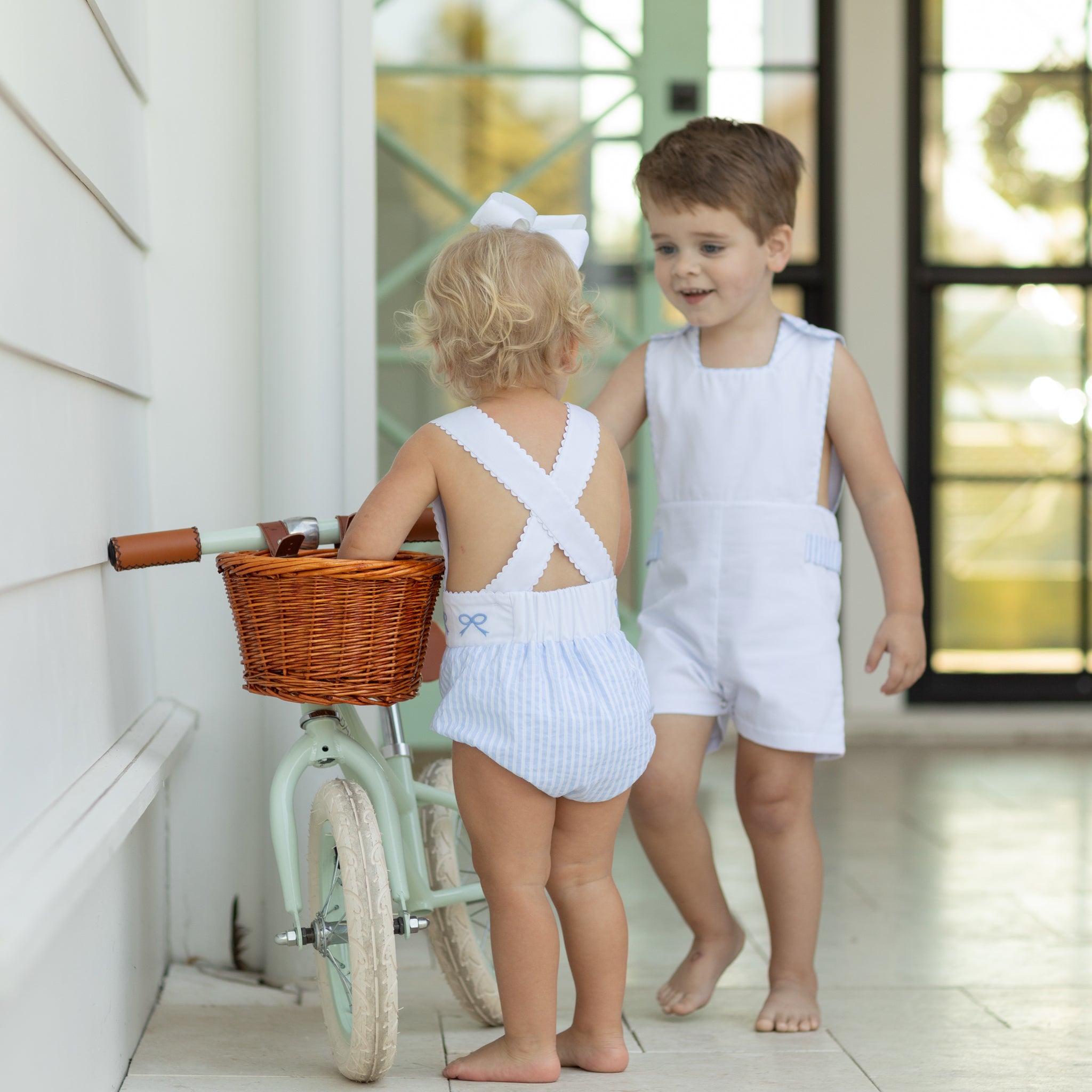 Henry Duvall James Henry Jon Jon for toddler boys in white piqué with Seaside Stripe trim, a classic and traditional summer one-piece