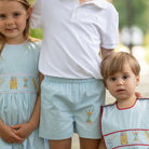 Henry Duvall Liam Shorts in light blue with pencil embroidery, classic boys back-to-school shorts with heirloom stitching for ages 2T to 8