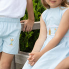 Henry Duvall Liam Shorts in light blue with pencil embroidery, classic boys back-to-school shorts with heirloom stitching for ages 2T to 8