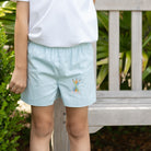 Henry Duvall Liam Shorts in light blue with pencil embroidery, classic boys back-to-school shorts with heirloom stitching for ages 2T to 8