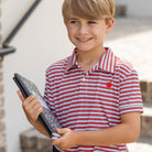 Henry Duvall Match Point Polo in red and white stripes with optional apple embroidery, classic boys back-to-school polo in lightweight performance fabric